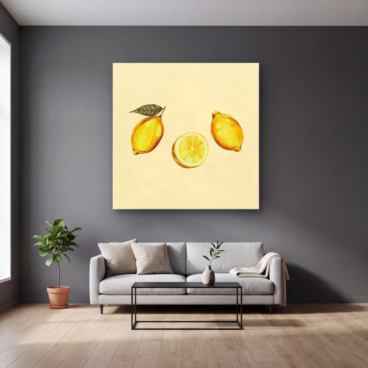 Vintage Limonlar No. 7 cam tablo — gri duvarlı salonda
