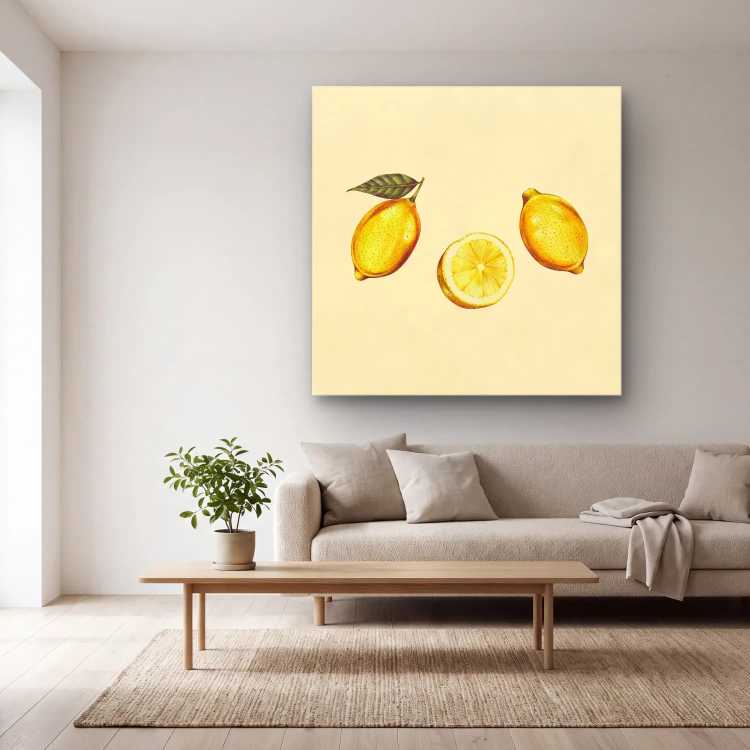 Vintage Limonlar No. 7 cam tablo — açık renk salonda