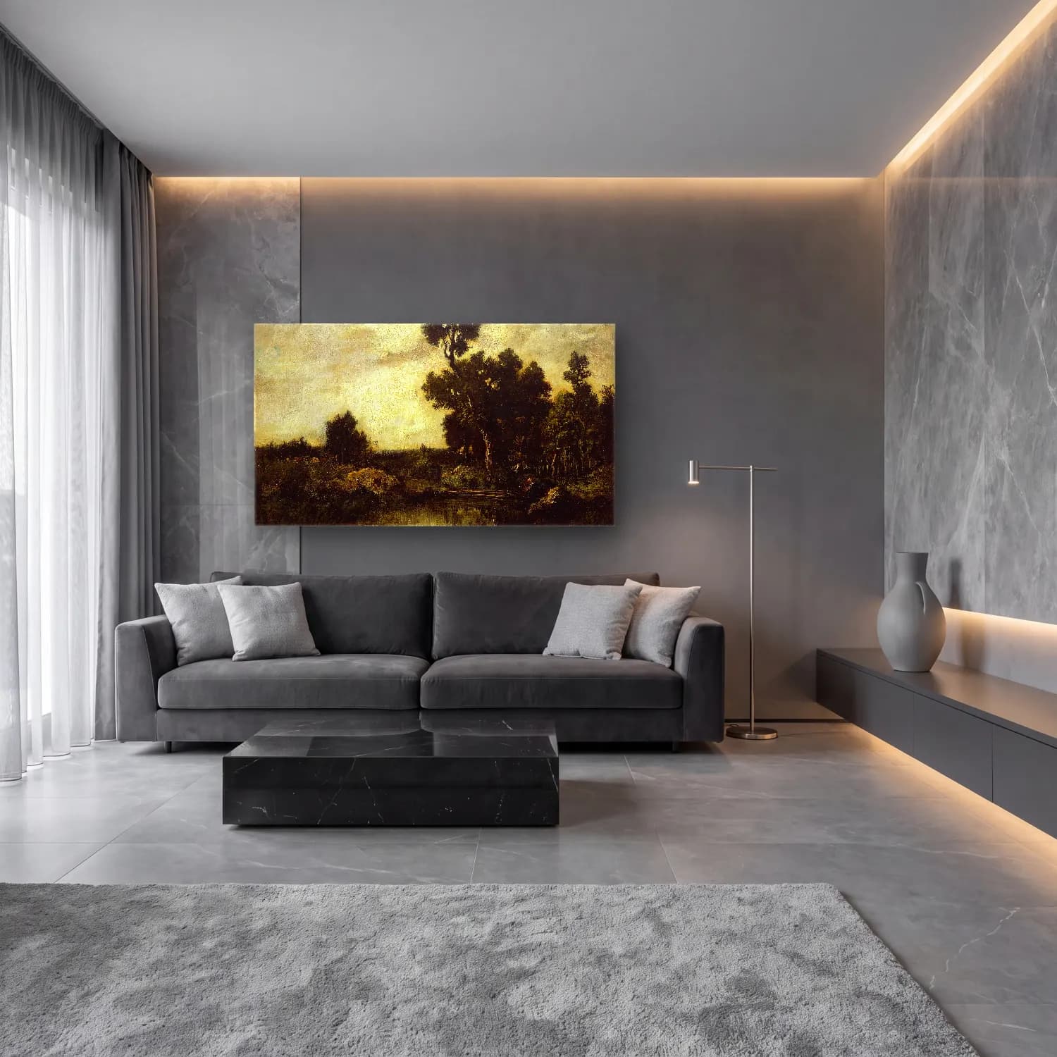 Yağlı Boya Kırda Nehir No. 19 cam tablo — lüks salon duvarında