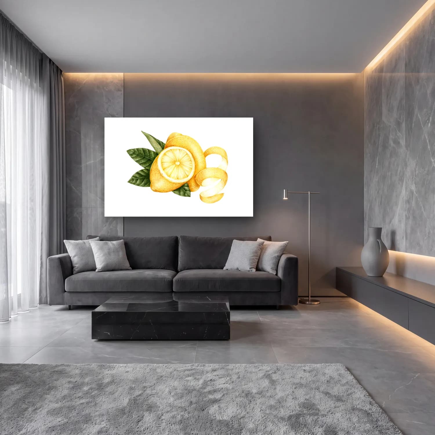 Botanik İllüstrasyon Limon Dalı No. 13 cam tablo — lüks salon duvarında