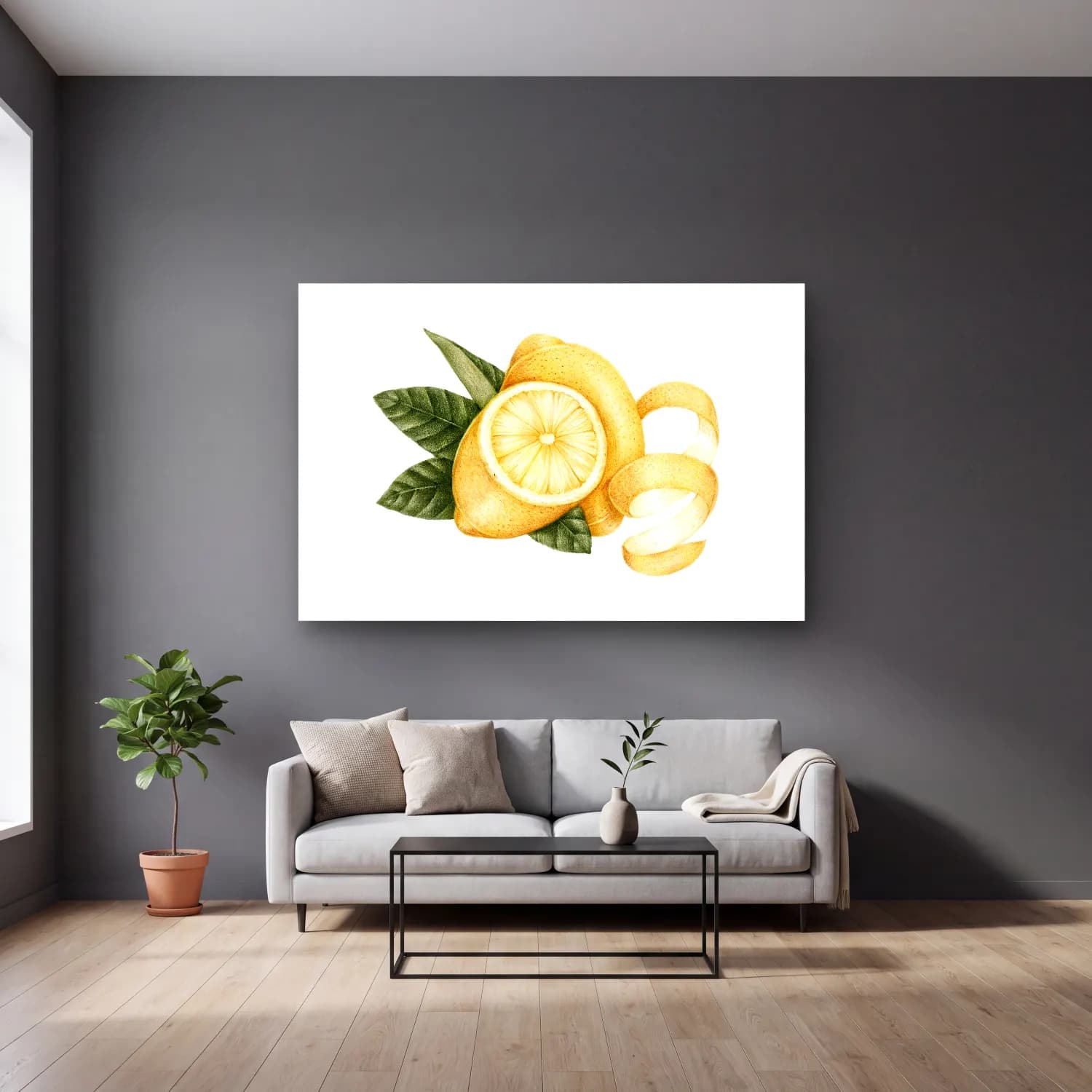Botanik İllüstrasyon Limon Dalı No. 13 cam tablo — gri duvarlı salonda