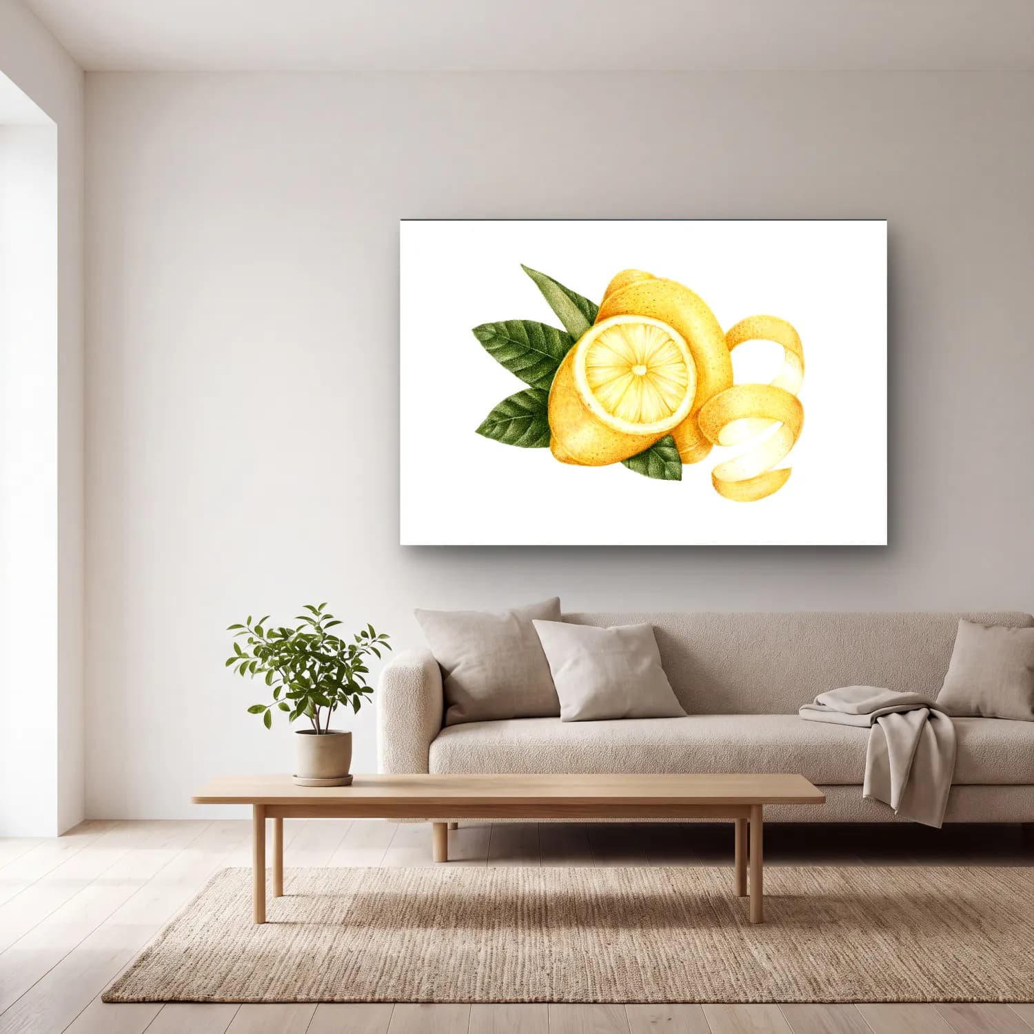 Botanik İllüstrasyon Limon Dalı No. 13 cam tablo — açık renk salonda