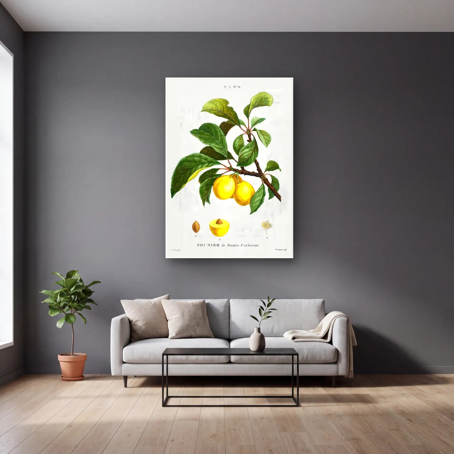 Botanik İllüstrasyon Limon Dalı No. 16 cam tablo — gri duvarlı salonda
