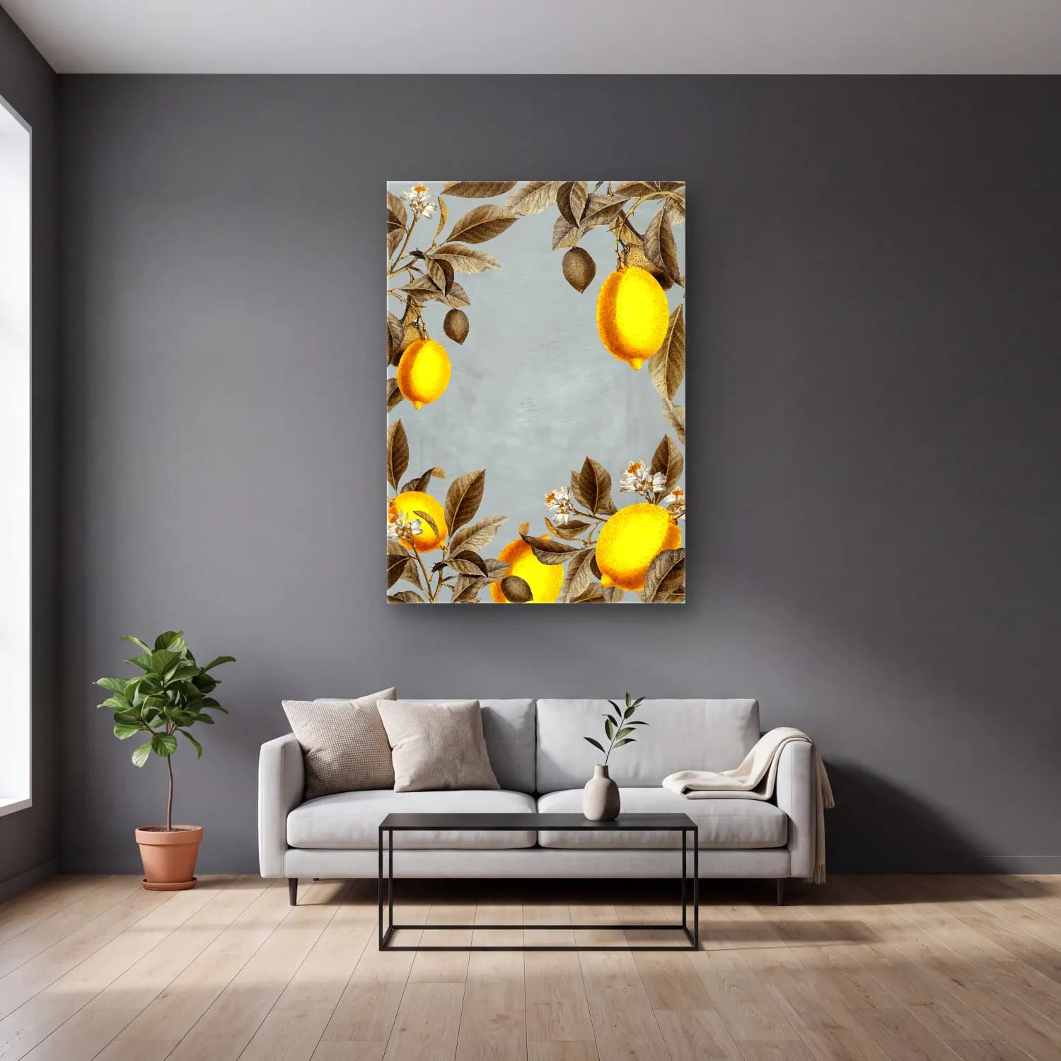 Botanik İllüstrasyon Limonlar No. 9 cam tablo — gri duvarlı salonda