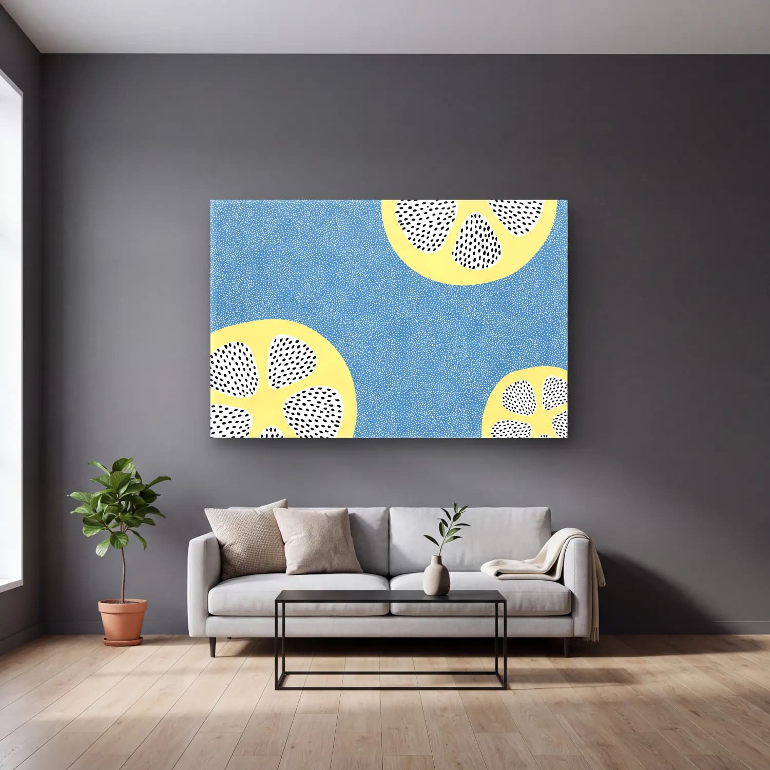 Retro Limonlar No. 4 cam tablo — gri duvarlı salonda