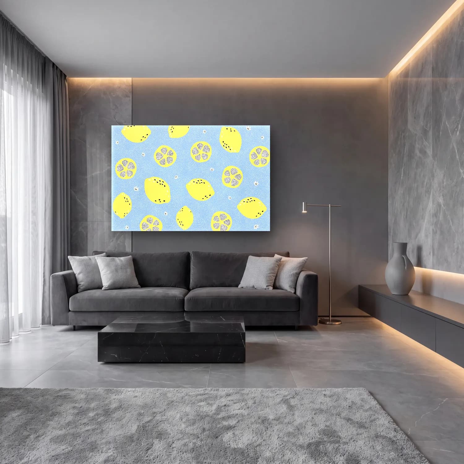Pastel Limonlar No. 16 cam tablo — lüks salon duvarında
