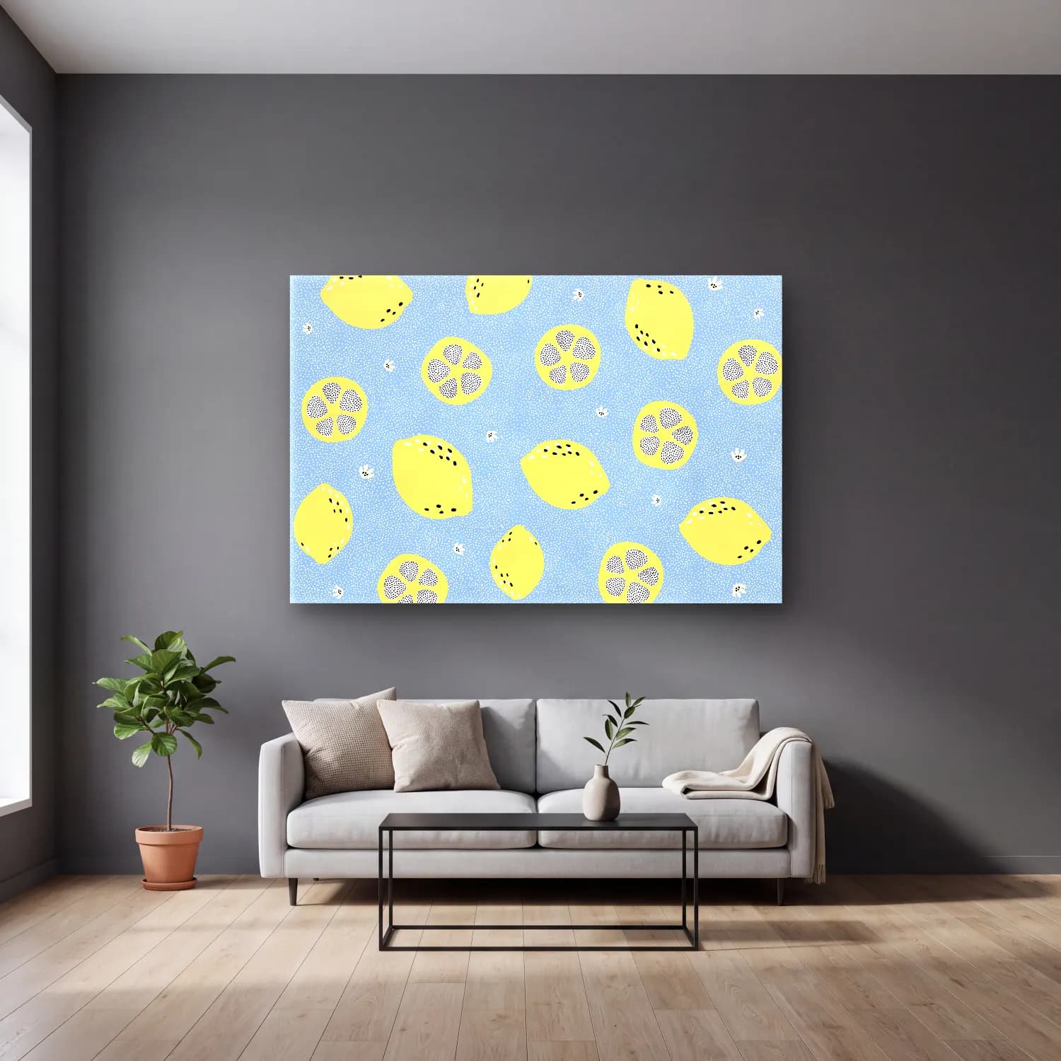 Pastel Limonlar No. 16 cam tablo — gri duvarlı salonda