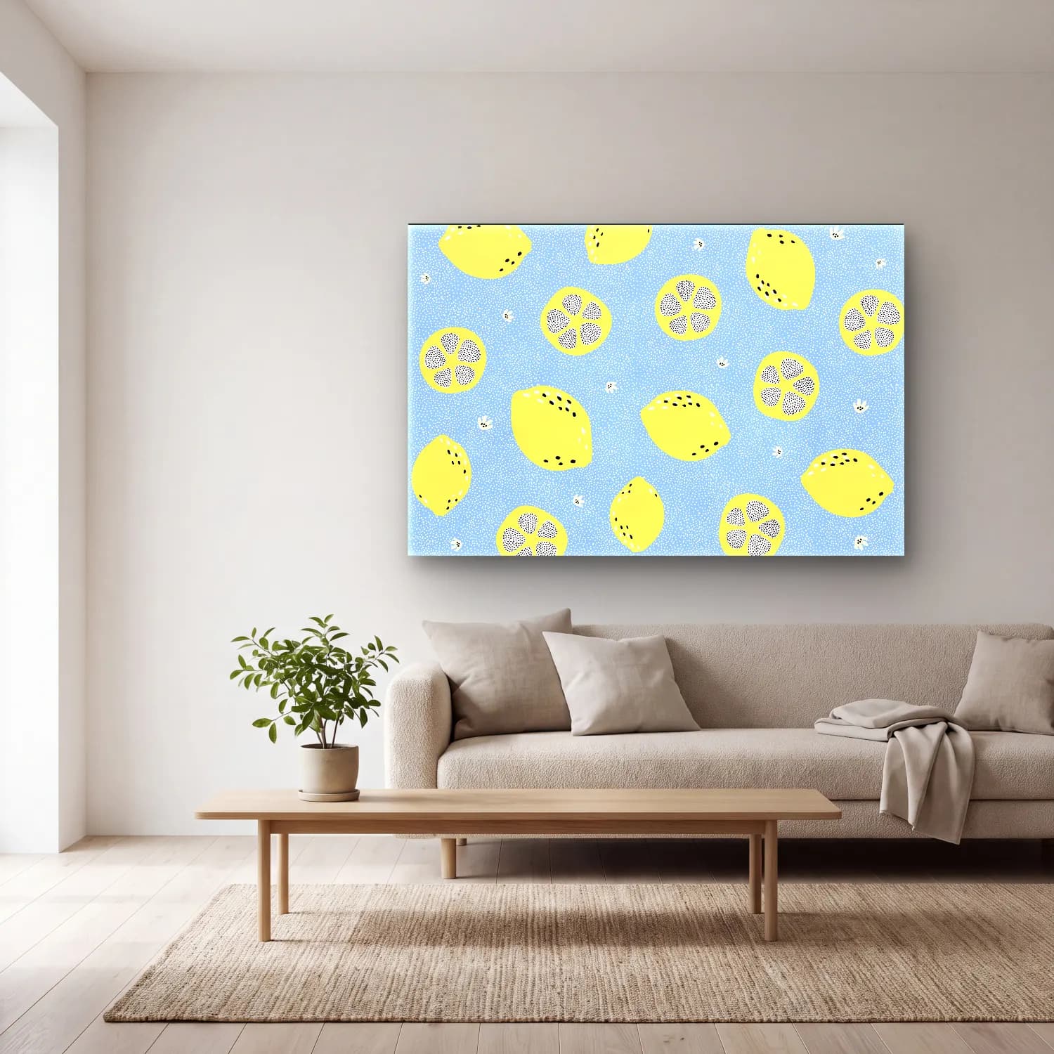 Pastel Limonlar No. 16 cam tablo — açık renk salonda