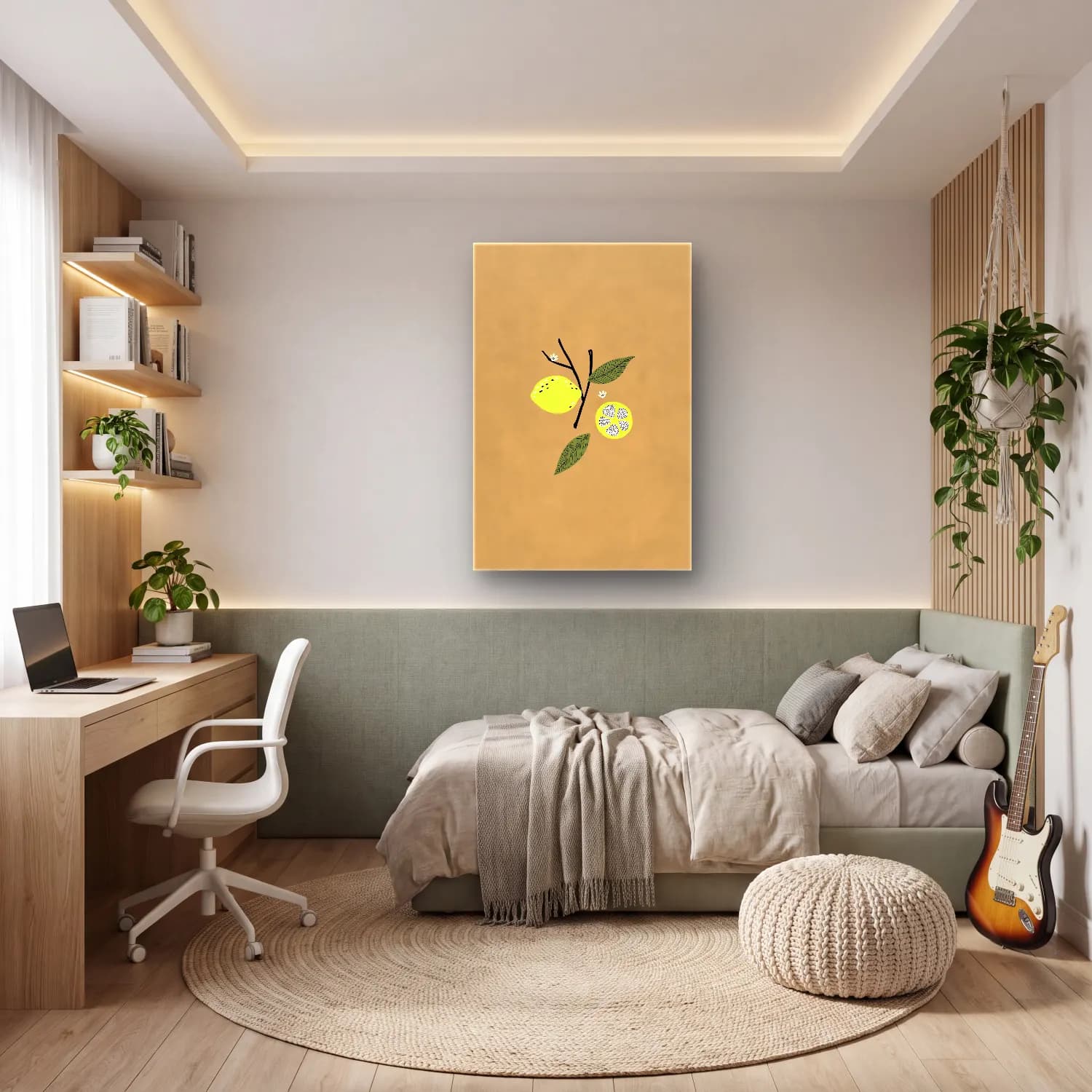 Botanik İllüstrasyon Limon Dalı No. 18 cam tablo — genç odasında