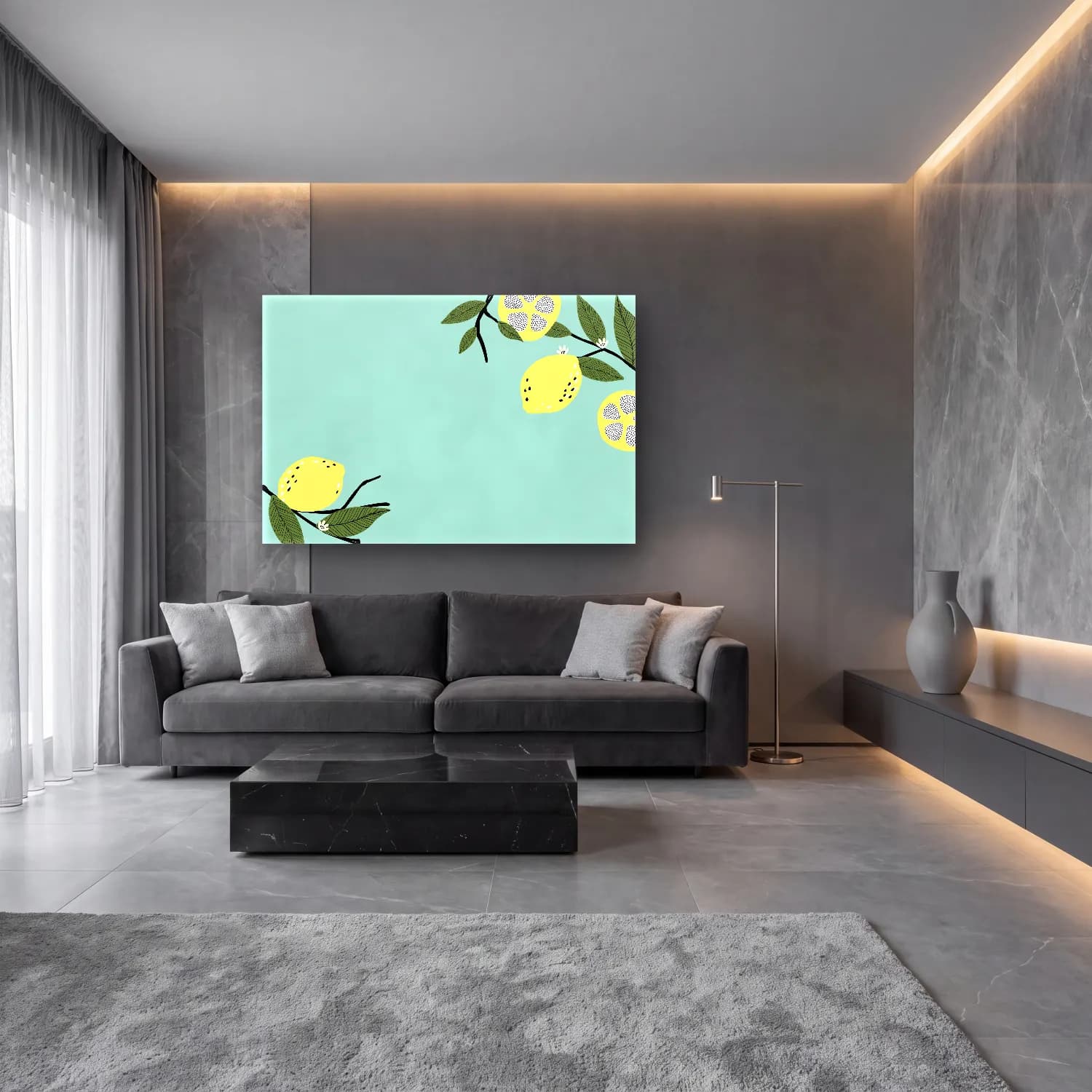 Pastel Limonlar No. 17 cam tablo — lüks salon duvarında