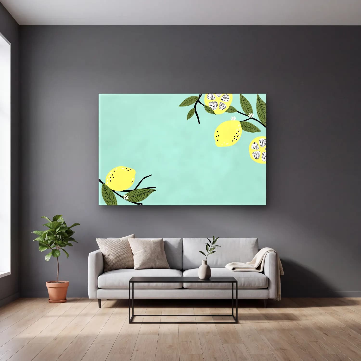Pastel Limonlar No. 17 cam tablo — gri duvarlı salonda