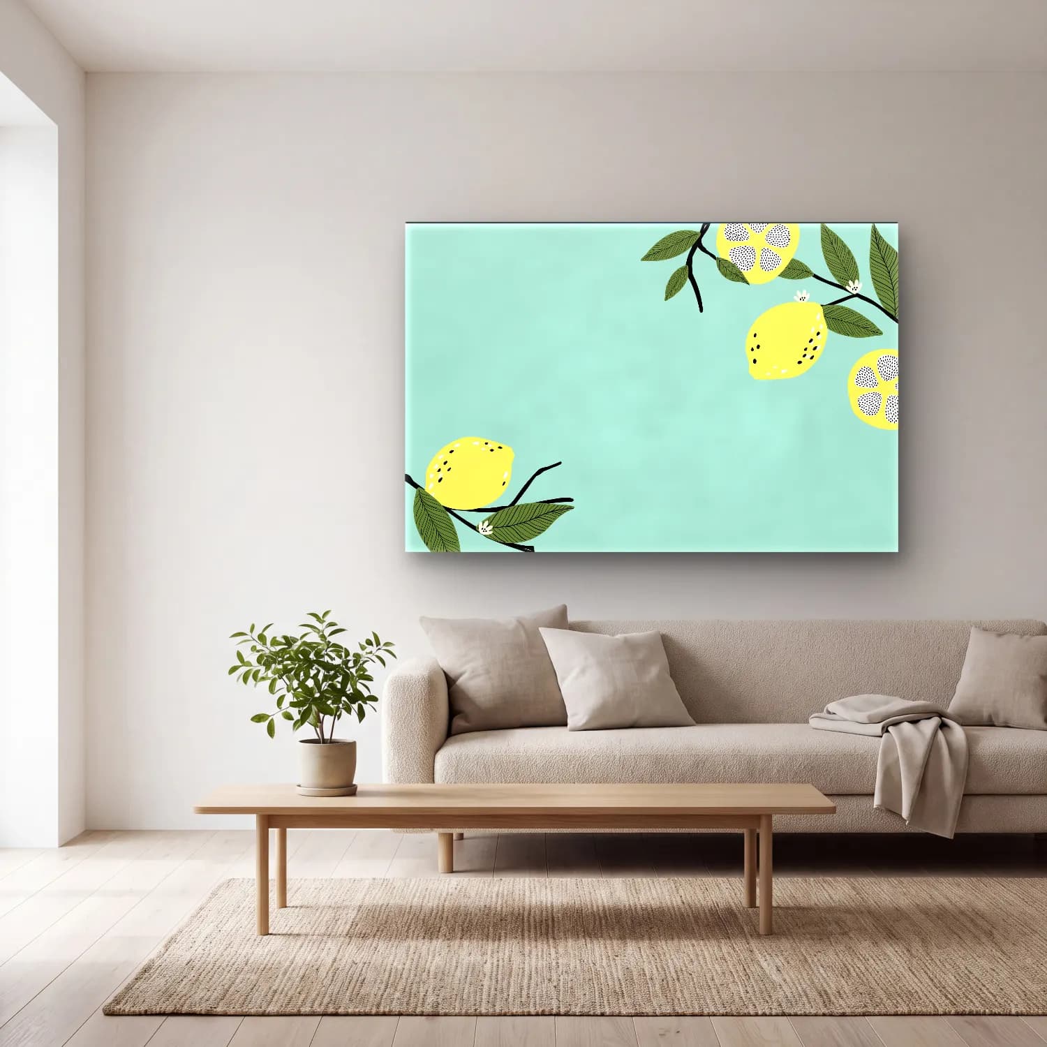 Pastel Limonlar No. 17 cam tablo — açık renk salonda