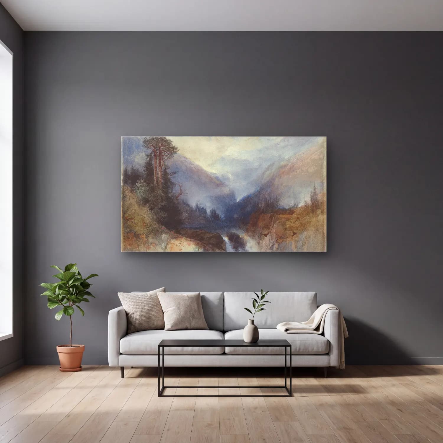 Thomas Moran – Mountain of the Holy Cross cam tablo — gri duvarlı salonda