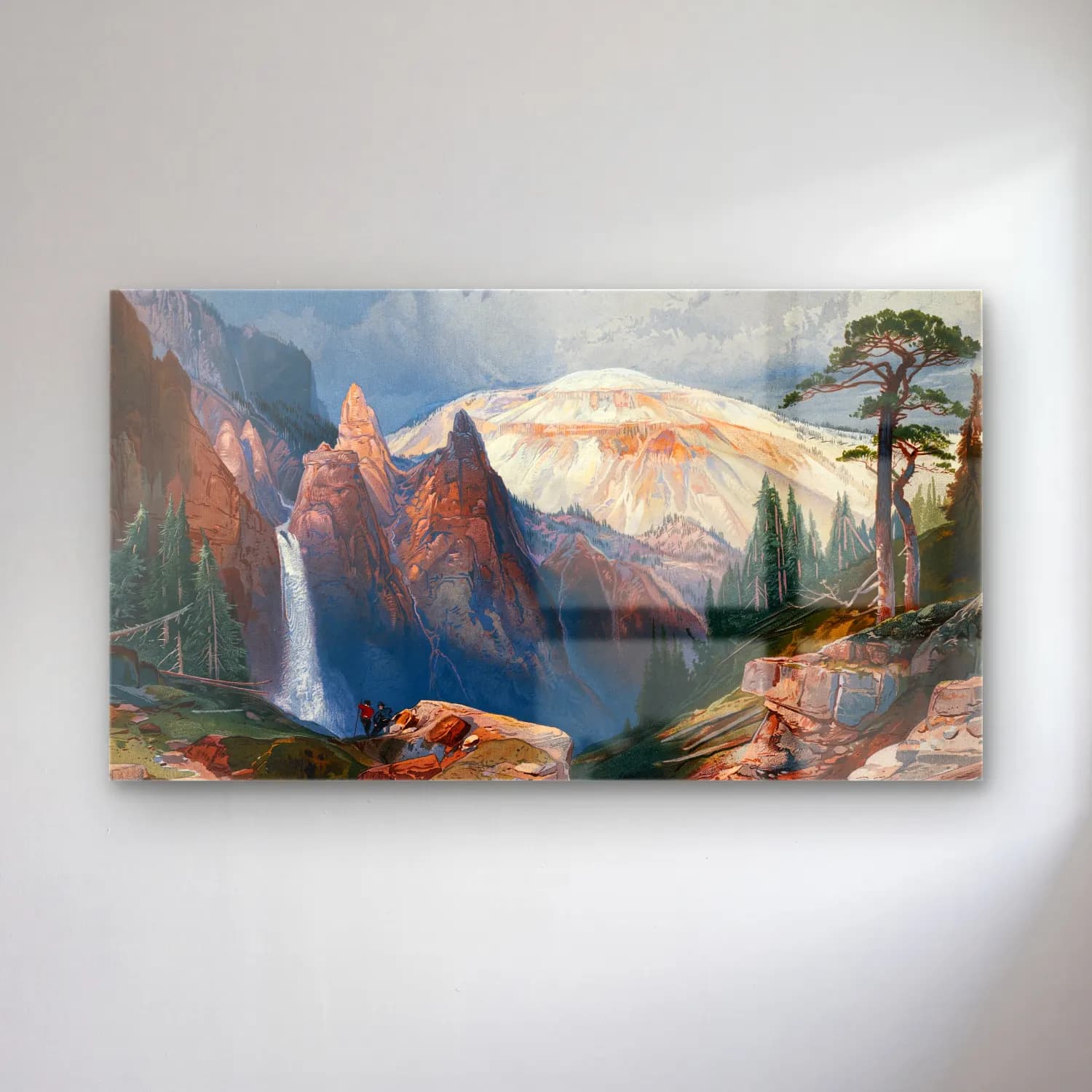 Thomas Moran – Tower Falls and Sulphur Mountain, Yellowstone (ca. 1875) cam tablo — Thomas Moran – Tower Falls and Sulphur Mountain, Yellowstone (ca. 1875) — suluboya dağ manzarası