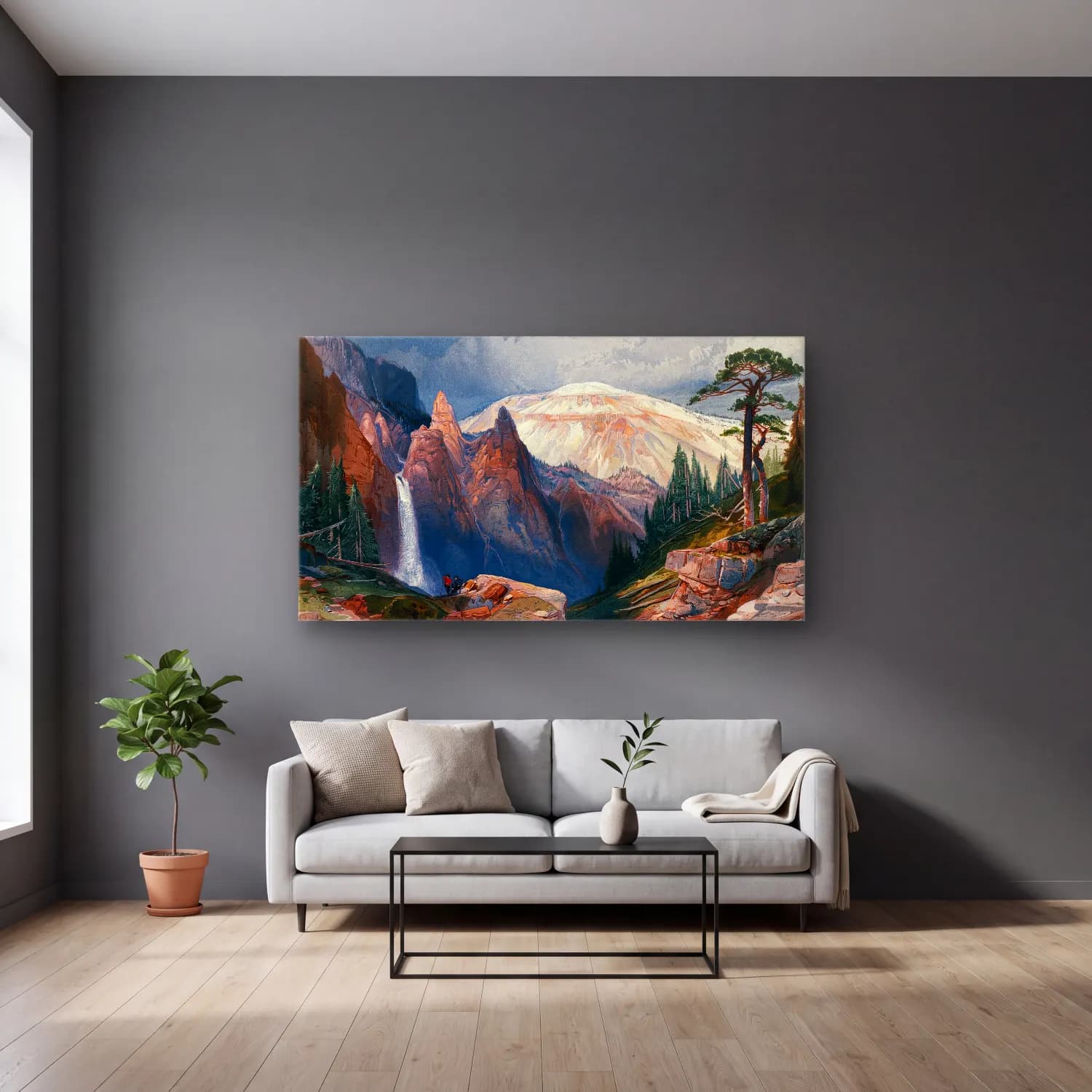 Thomas Moran – Tower Falls and Sulphur Mountain, Yellowstone (ca. 1875) cam tablo — gri duvarlı salonda