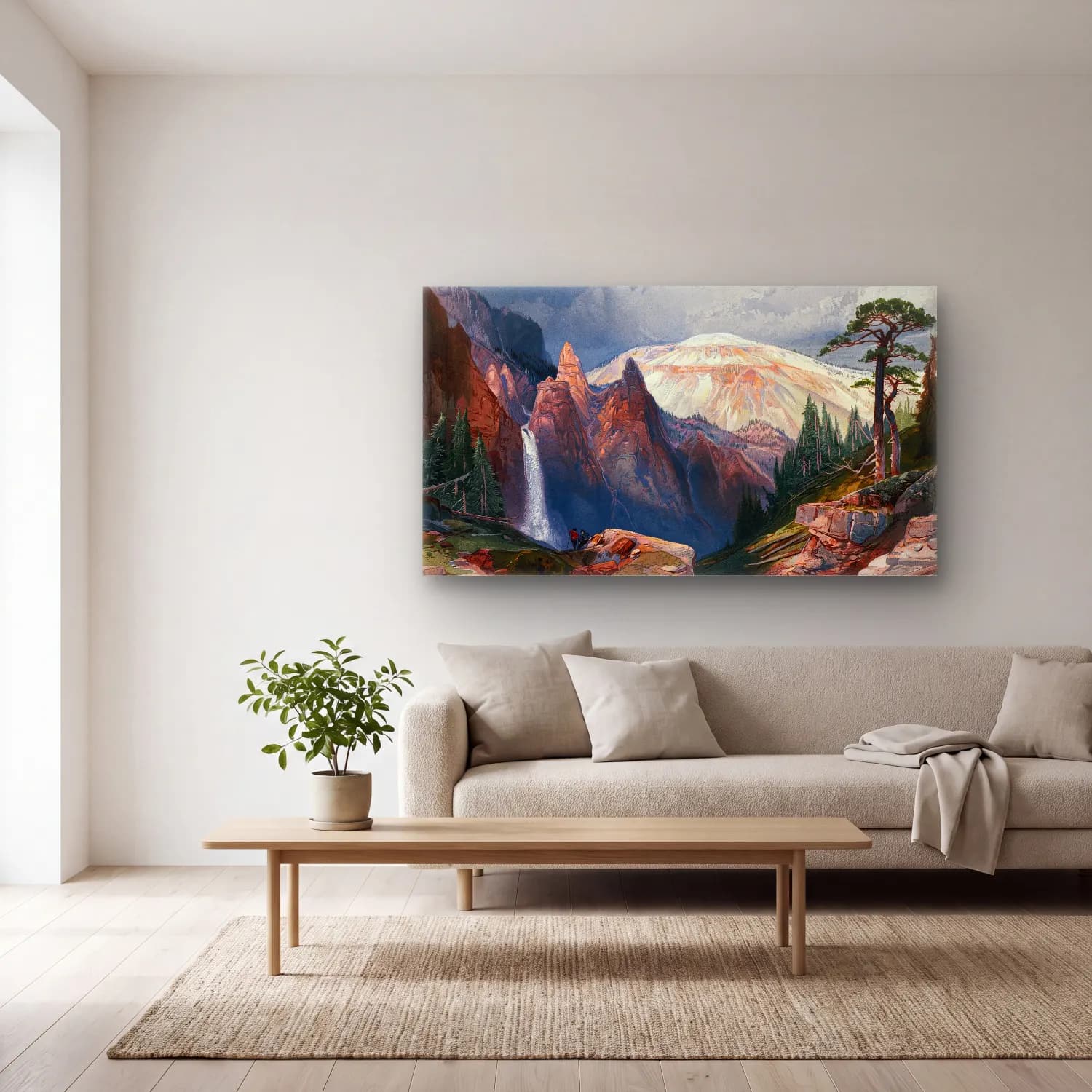 Thomas Moran – Tower Falls and Sulphur Mountain, Yellowstone (ca. 1875) cam tablo — açık renk salonda