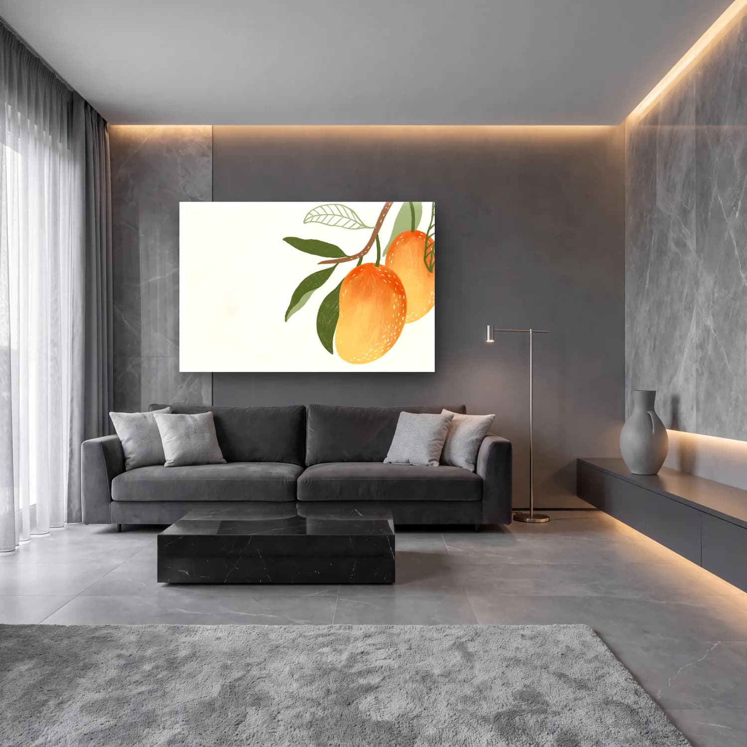 Botanik İllüstrasyon Limon Dalı No. 20 cam tablo — lüks salon duvarında