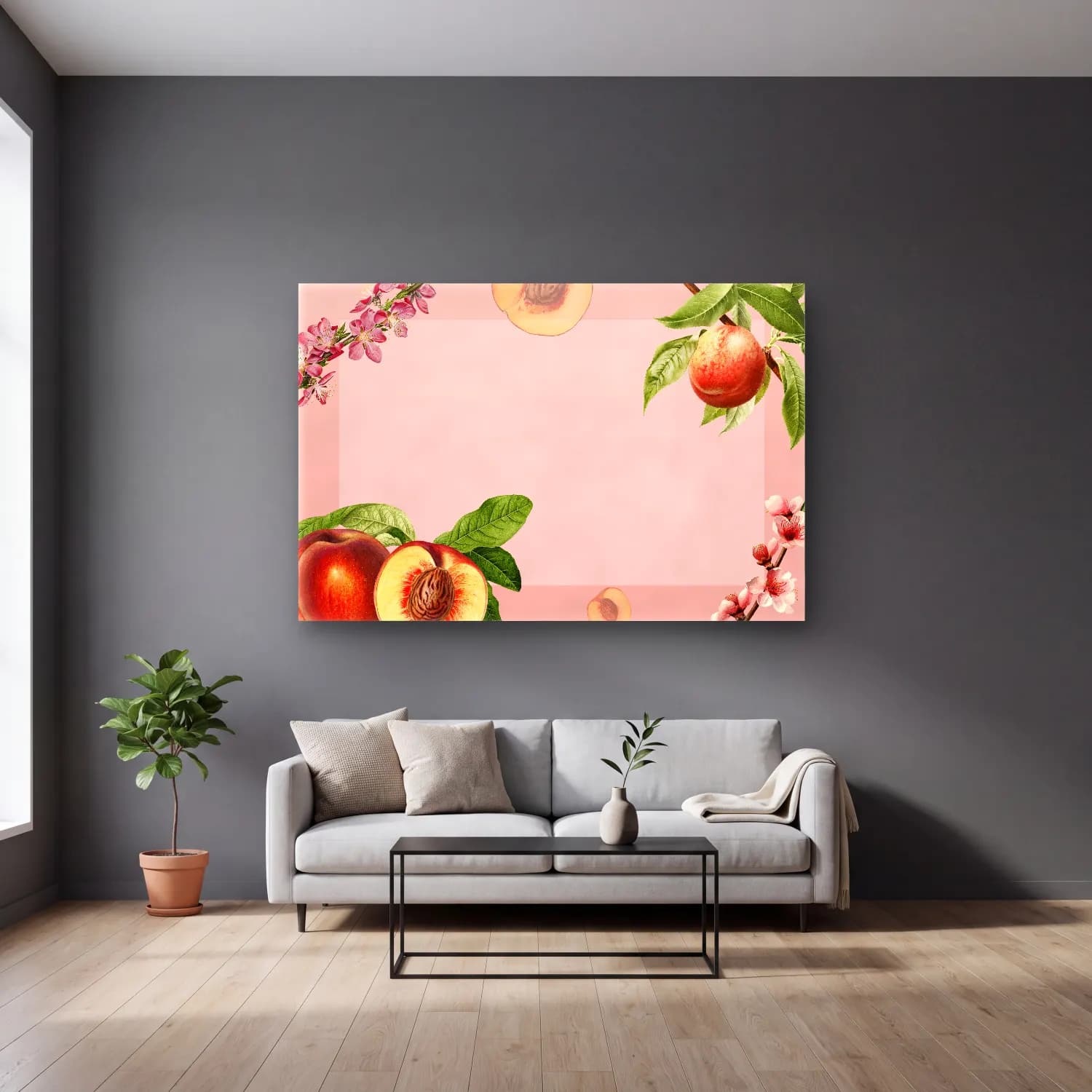 Pastel Çiçek Deseni No. 192 cam tablo — gri duvarlı salonda