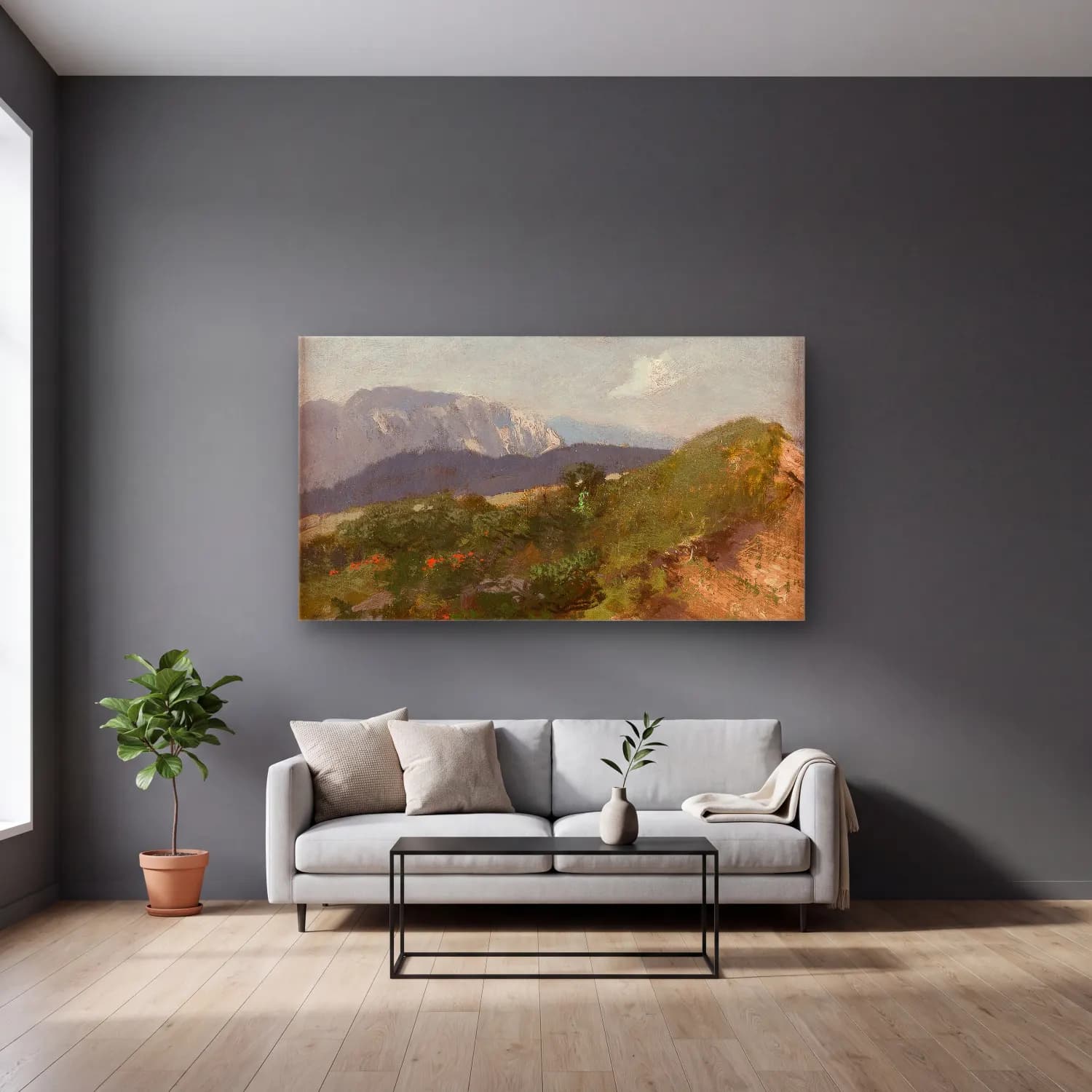 August Fink – Mountain landscape cam tablo — gri duvarlı salonda
