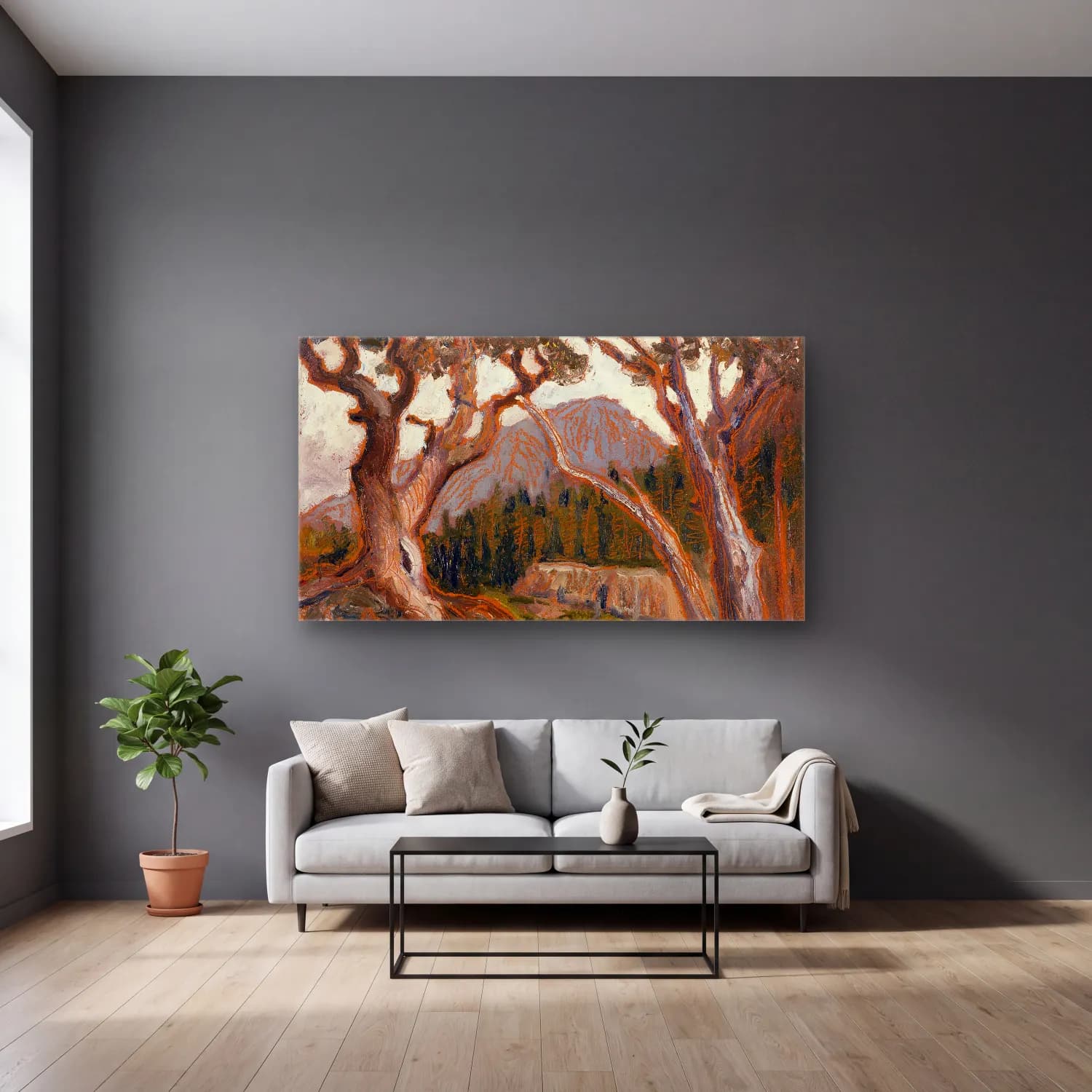 Grant Wood – Long’s Peak from Loch Vale, Estes Park, Colorado cam tablo — gri duvarlı salonda