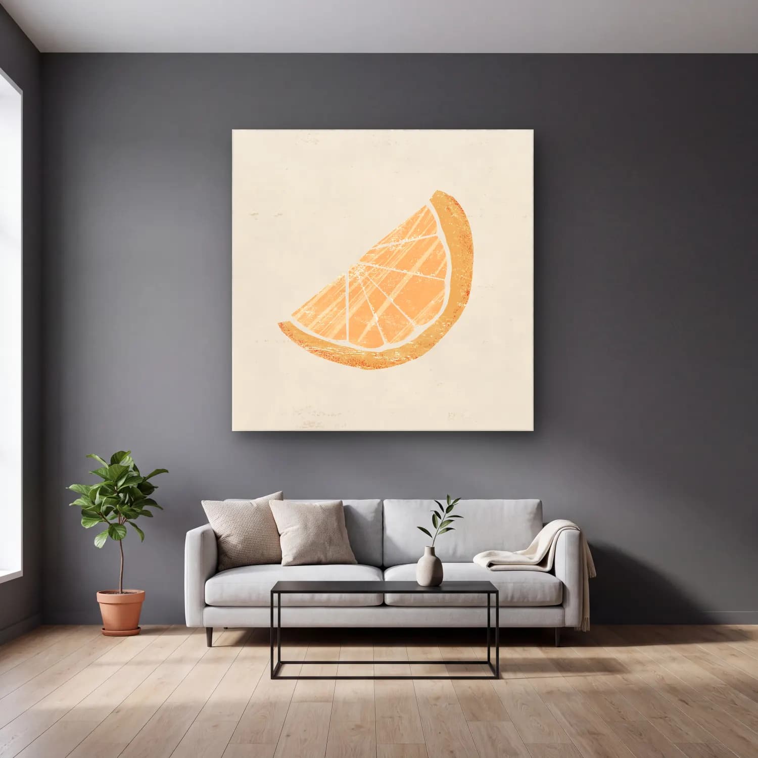 Pastel Portakallar No. 6 cam tablo — gri duvarlı salonda