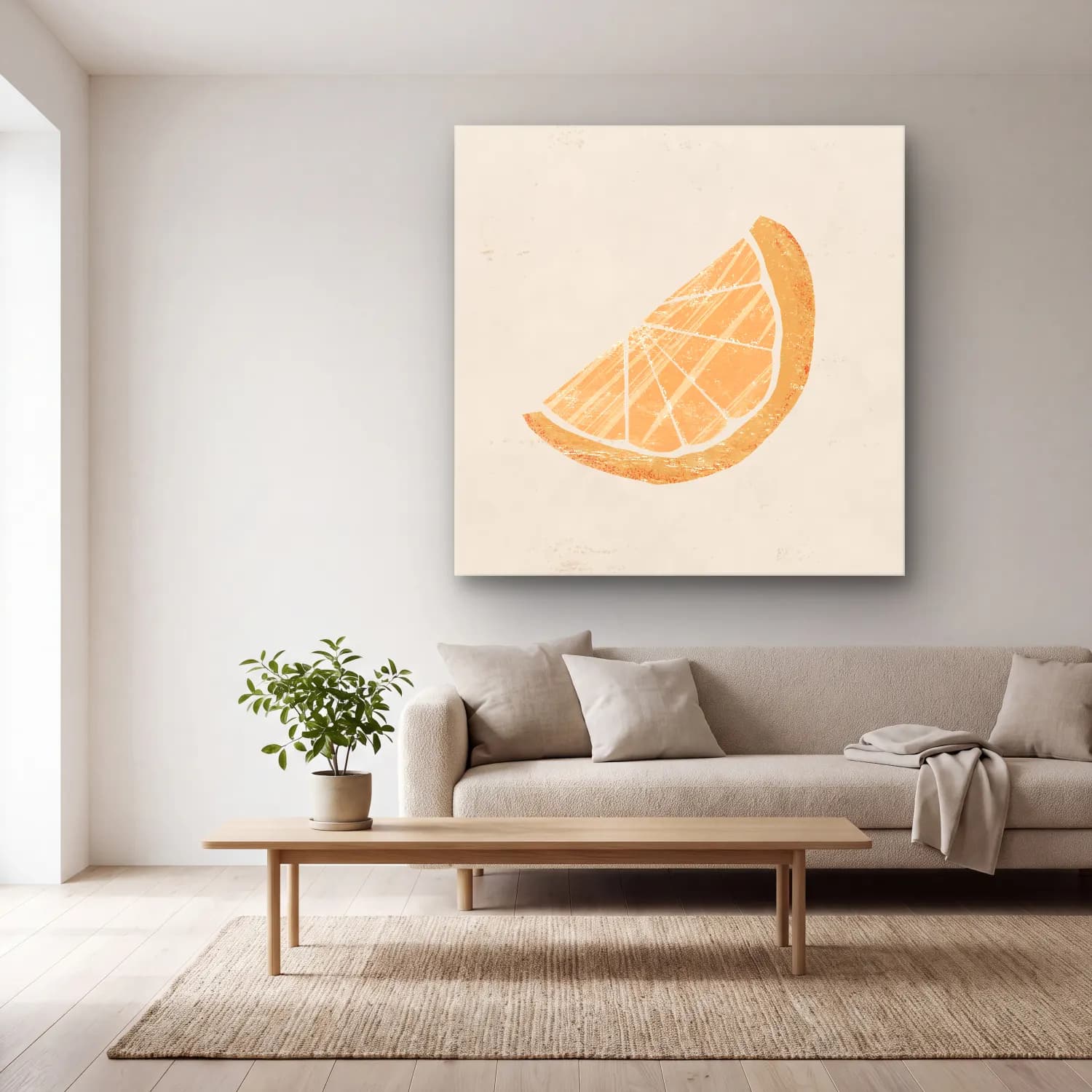 Pastel Portakallar No. 6 cam tablo — açık renk salonda