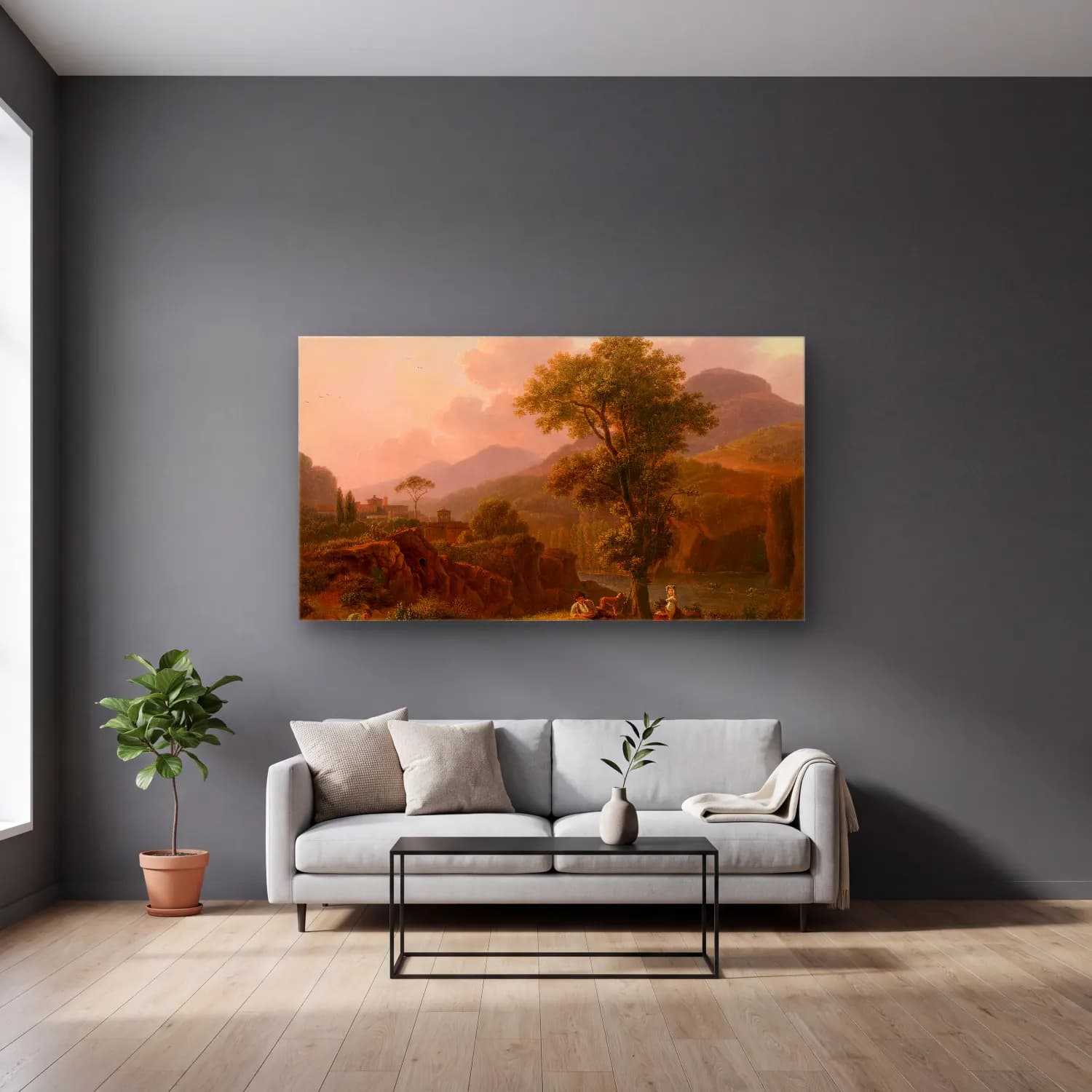 Simon Denis – Italian Landscape cam tablo — gri duvarlı salonda
