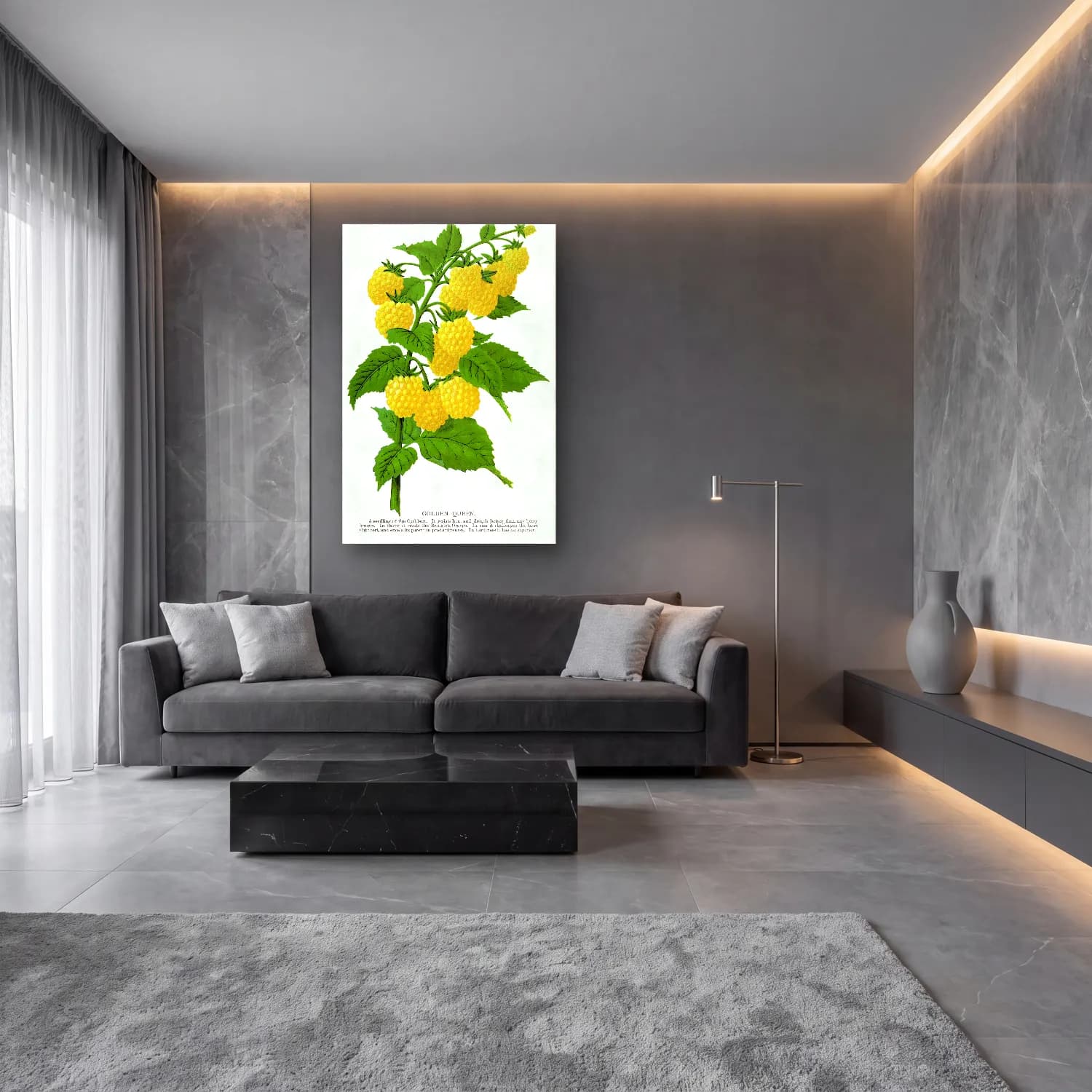 Botanik İllüstrasyon Limon Dalı No. 22 cam tablo — lüks salon duvarında
