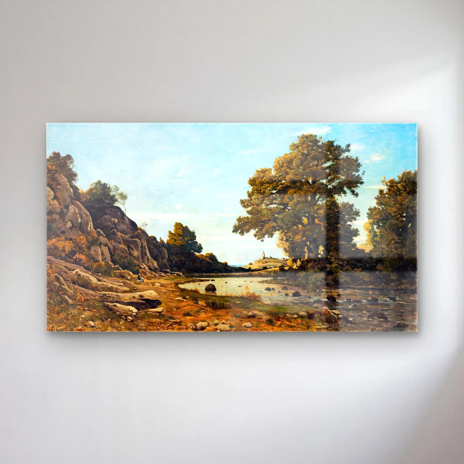 Henri-Joseph Harpignies – River Landscape with a Village in the Background cam tablo — Henri-Joseph Harpignies – River Landscape with a Village in the Background — yağlı boya kırda nehir