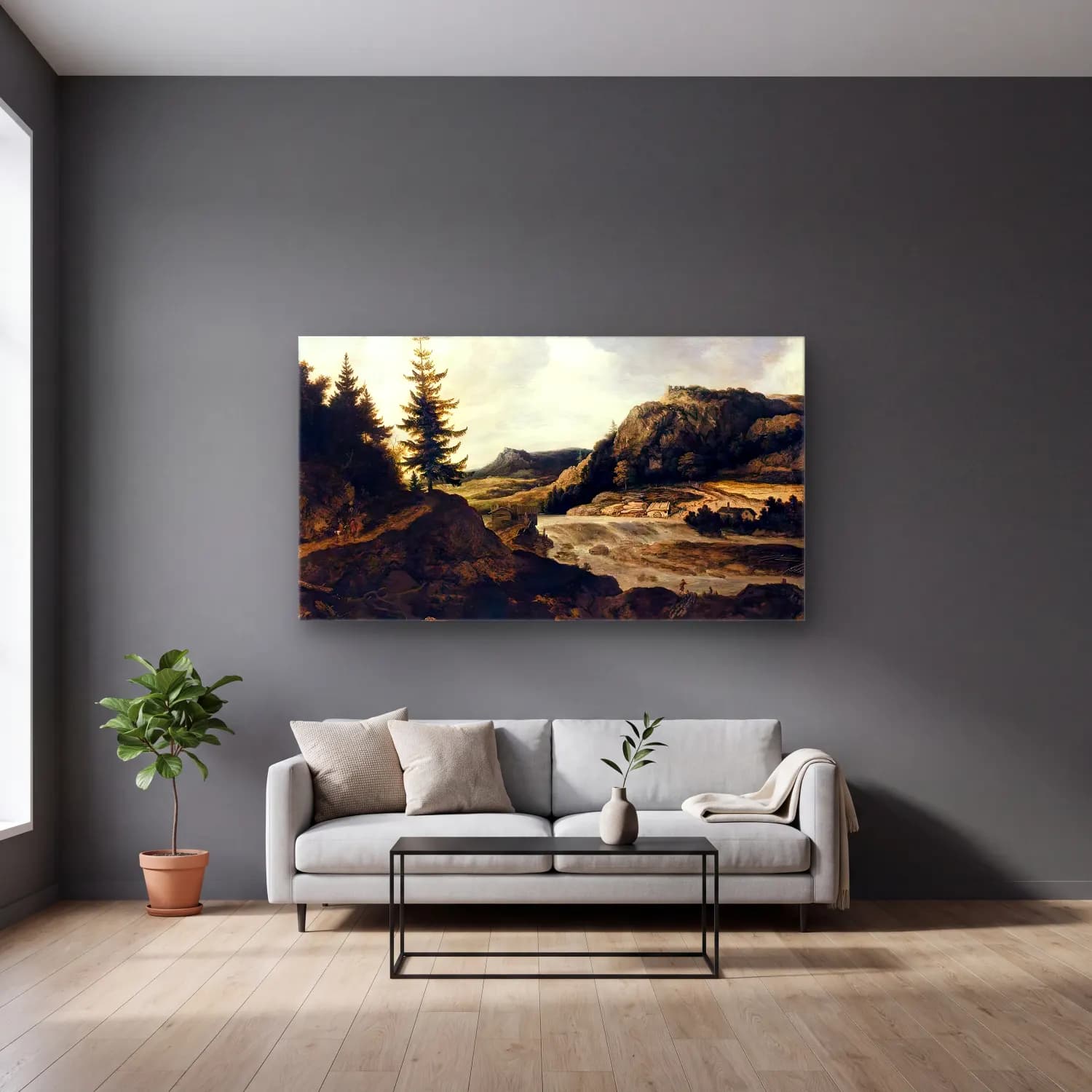 Allaert van Everdingen – Mountainous River Landscape cam tablo — gri duvarlı salonda