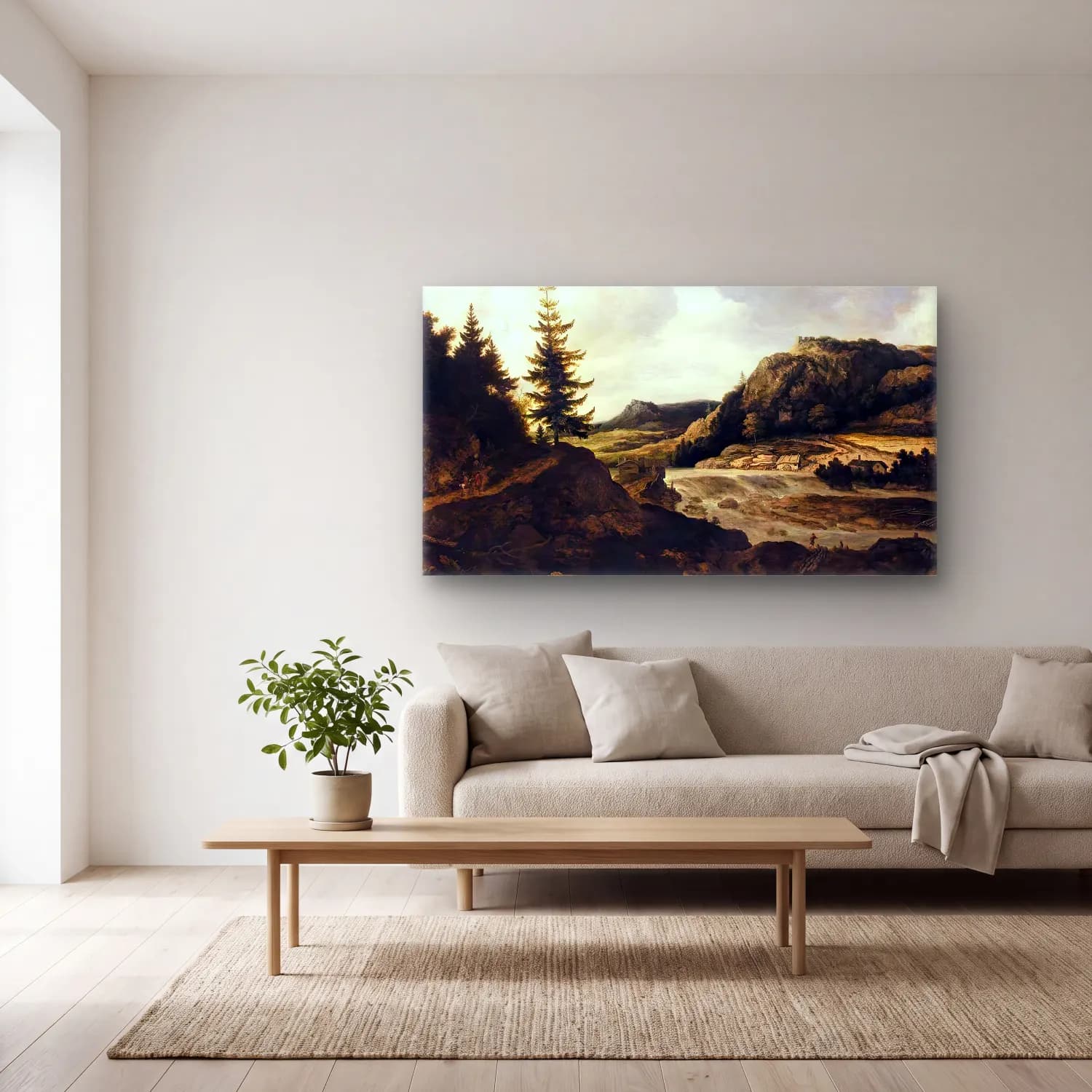 Allaert van Everdingen – Mountainous River Landscape cam tablo — açık renk salonda