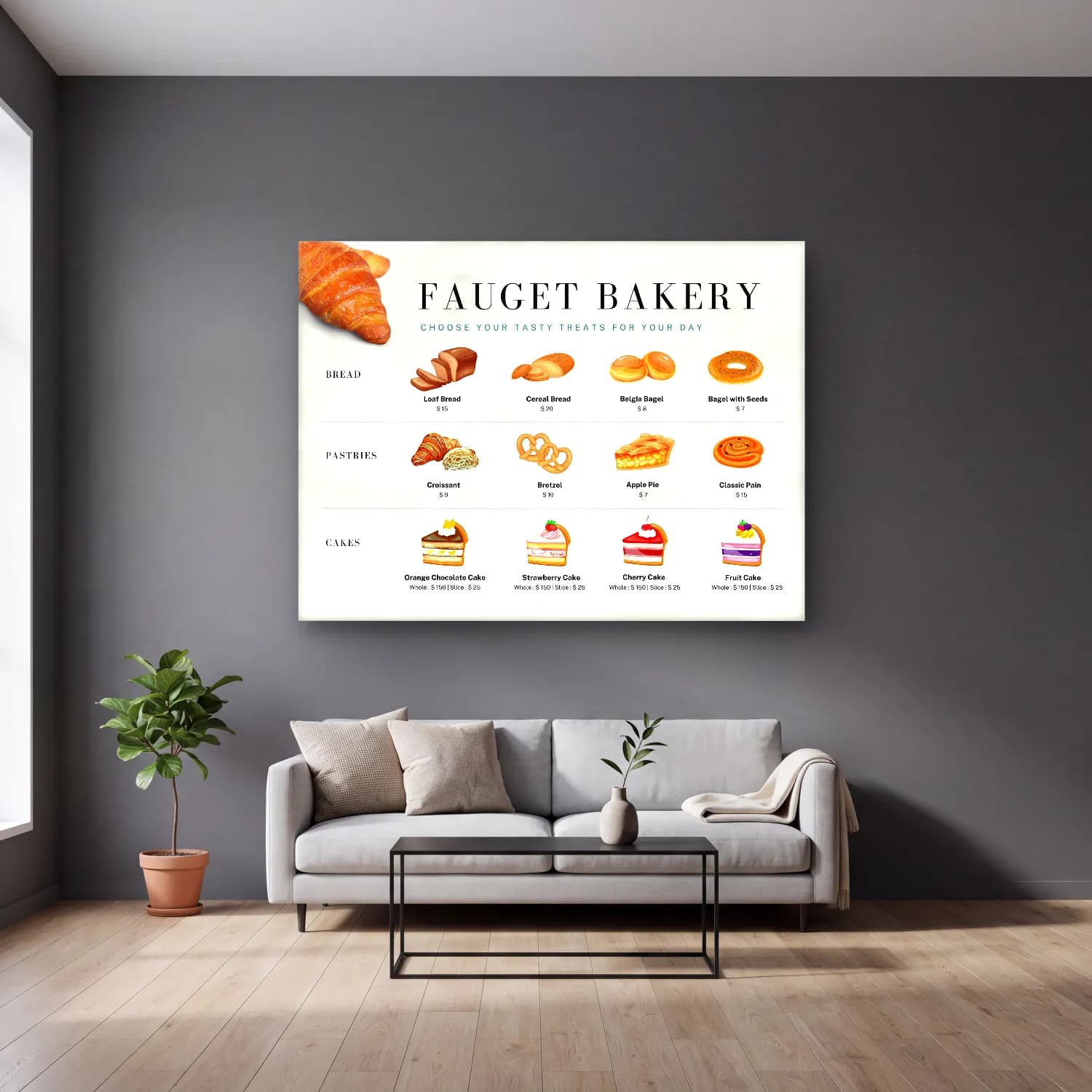 Pastel Ekmek ve Pastalar – Turkuaz Tonlar cam tablo — gri duvarlı salonda