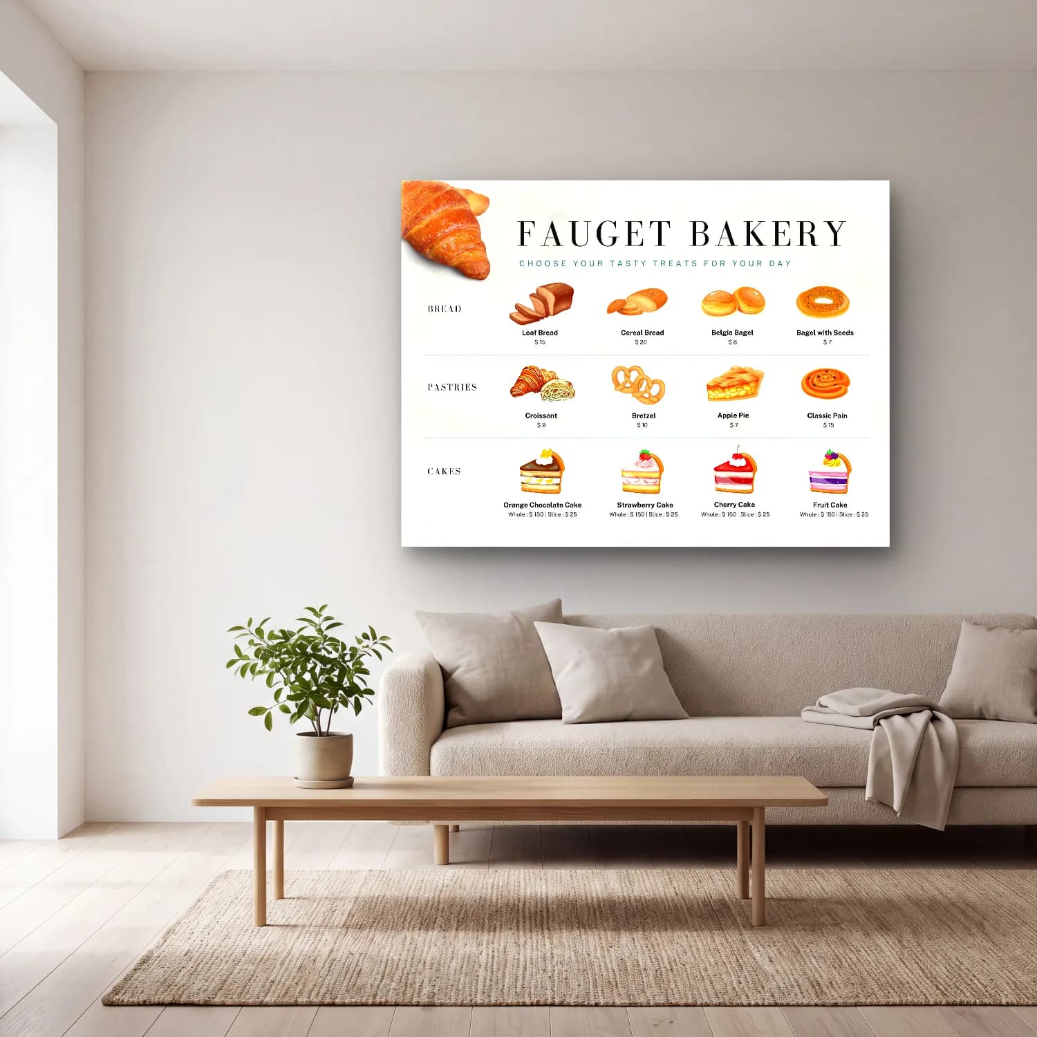 Pastel Ekmek ve Pastalar – Turkuaz Tonlar cam tablo — açık renk salonda