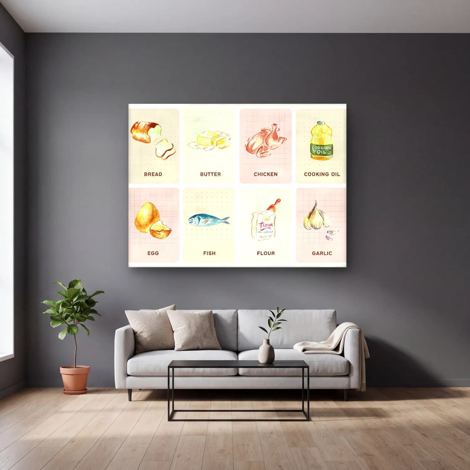 Pastel Makarna No. 6 cam tablo — gri duvarlı salonda