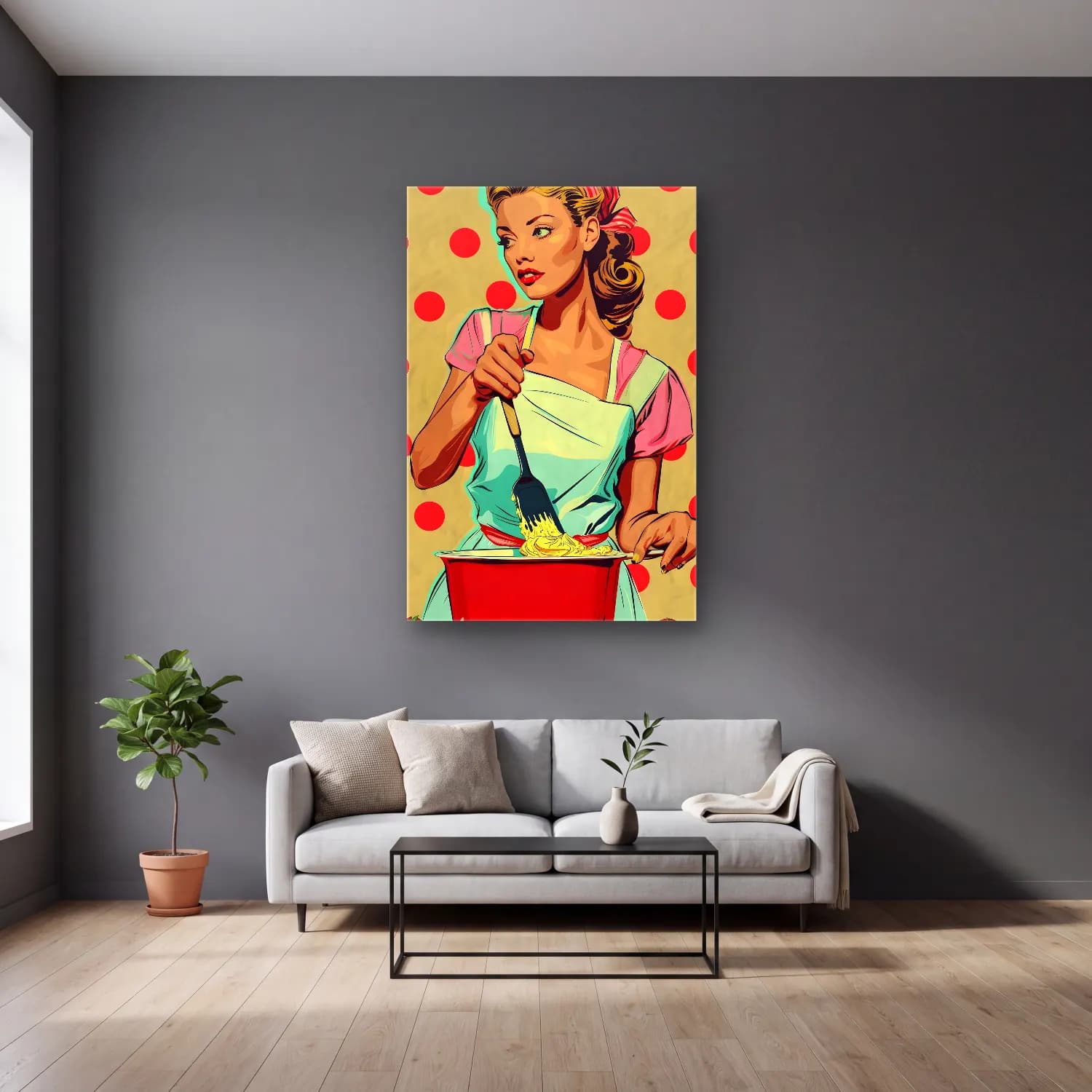Pop Art Makarna No. 4 cam tablo — gri duvarlı salonda