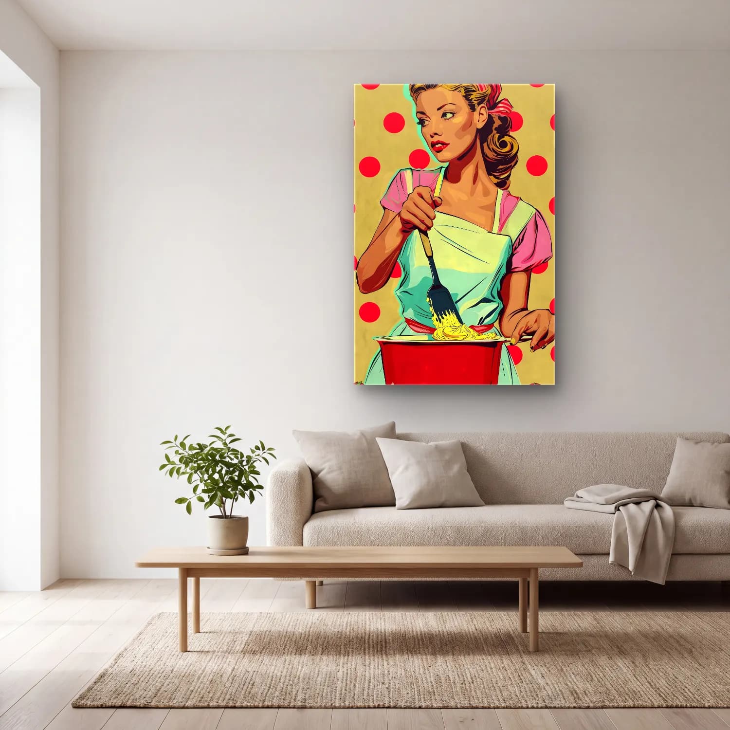 Pop Art Makarna No. 4 cam tablo — açık renk salonda