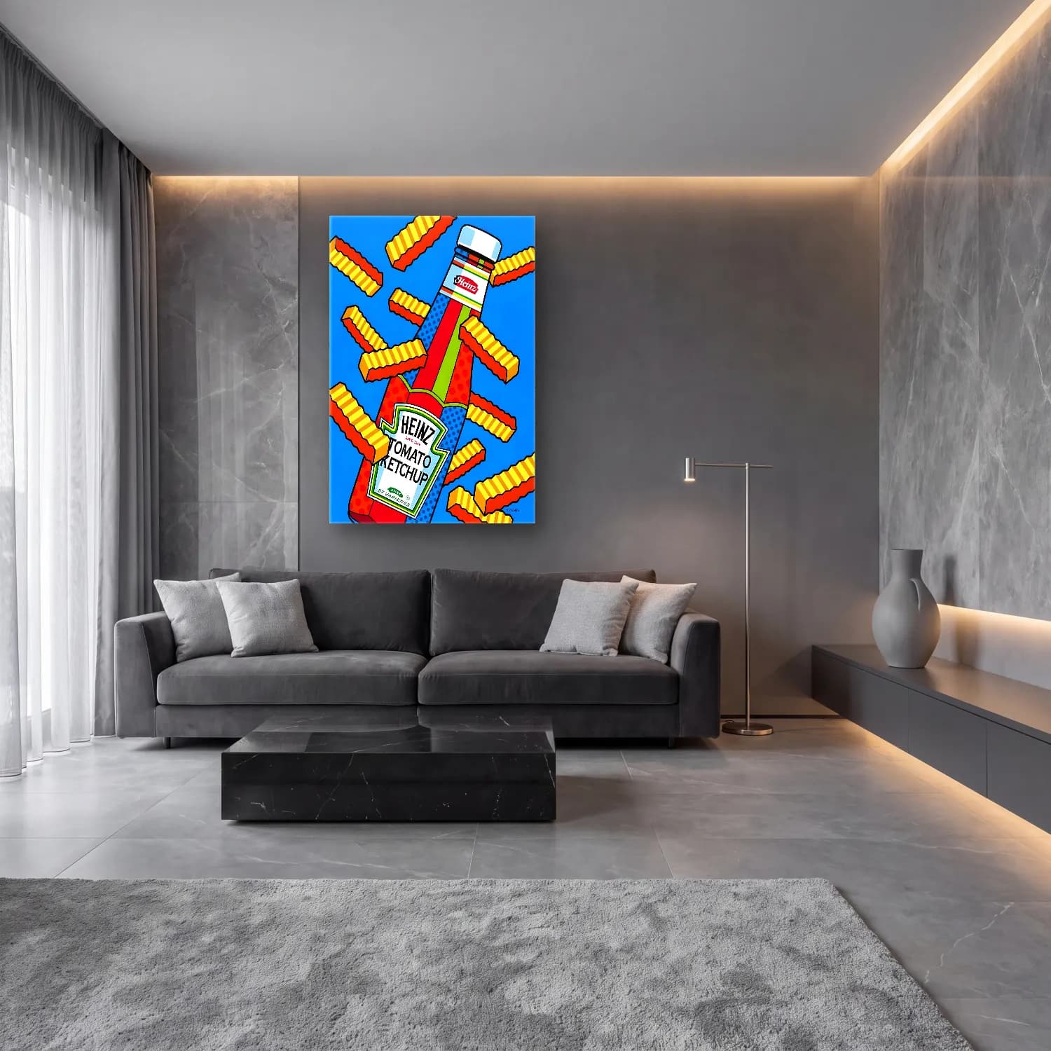 Pop Art Makarna – Kırmızı Tonlar cam tablo — lüks salon duvarında
