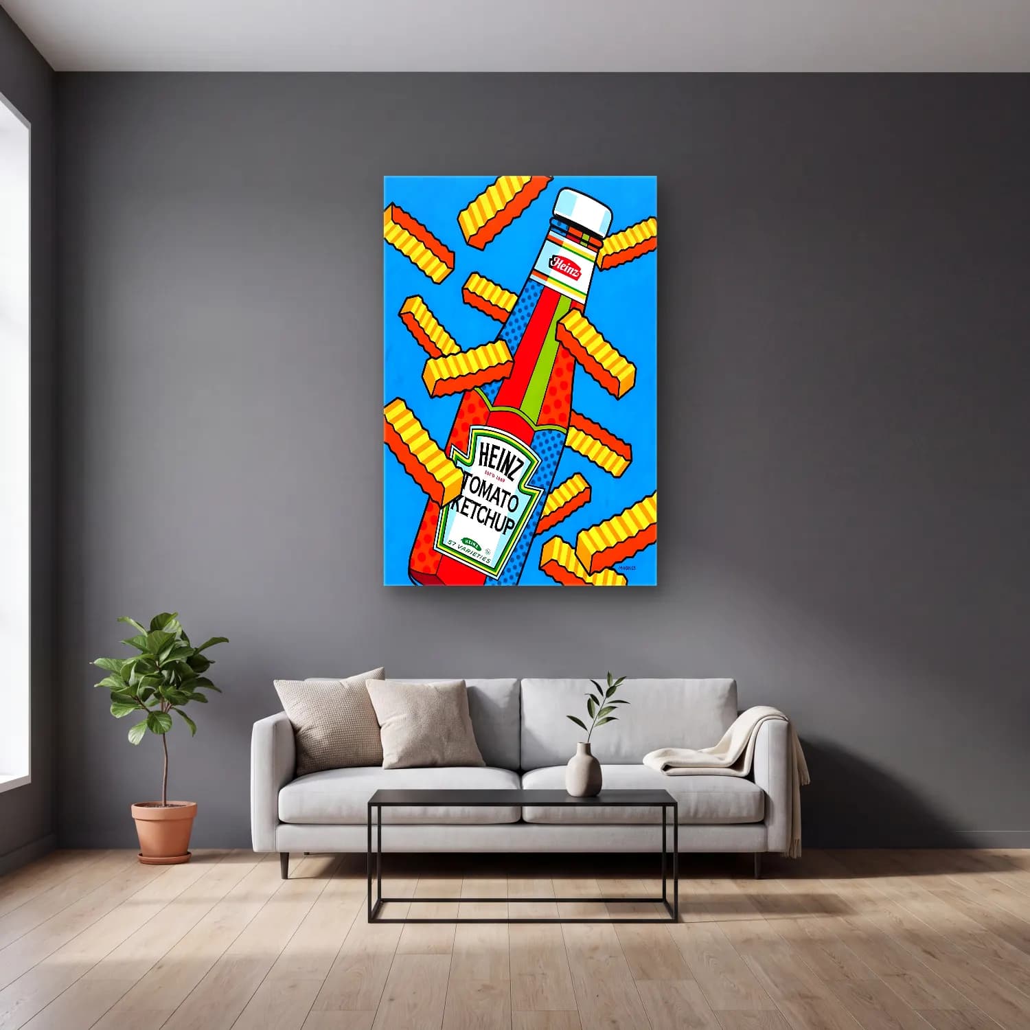 Pop Art Makarna – Kırmızı Tonlar cam tablo — gri duvarlı salonda