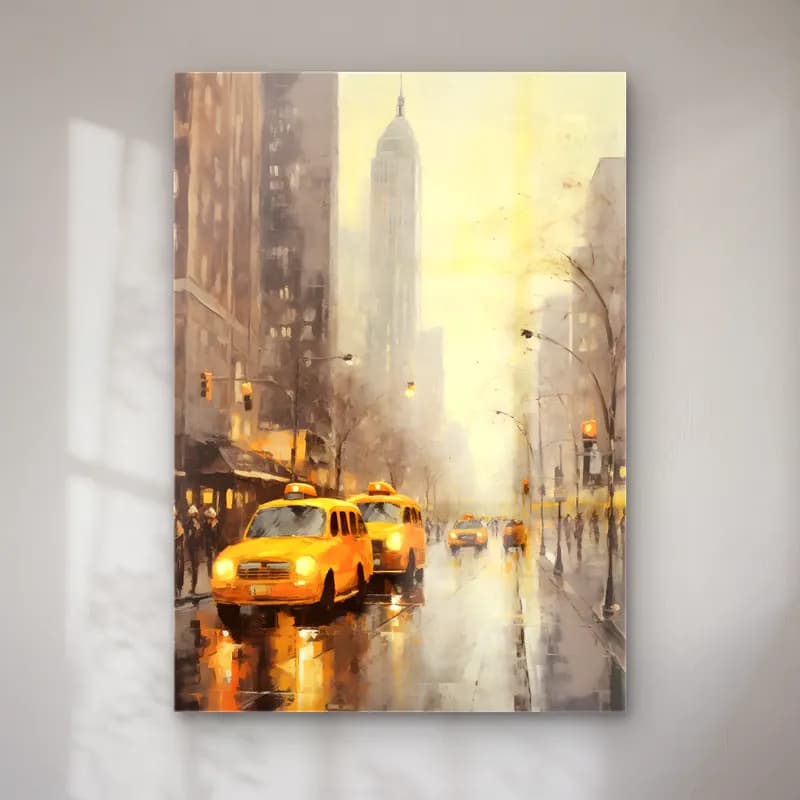Yağlı Boya New York Silüeti – Sarı Tonlar cam tablo — Yağlı Boya New York Silüeti – Sarı Tonlar — yağlı boya new york silüeti
