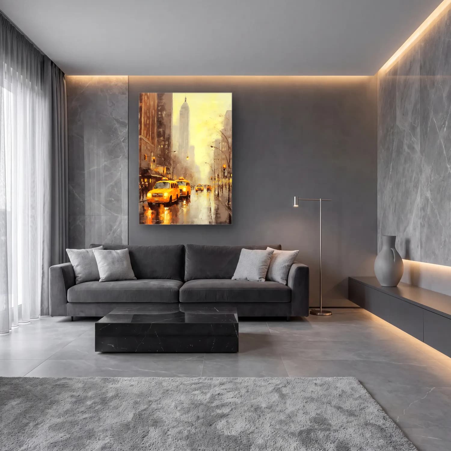Yağlı Boya New York Silüeti – Sarı Tonlar cam tablo — lüks salon duvarında