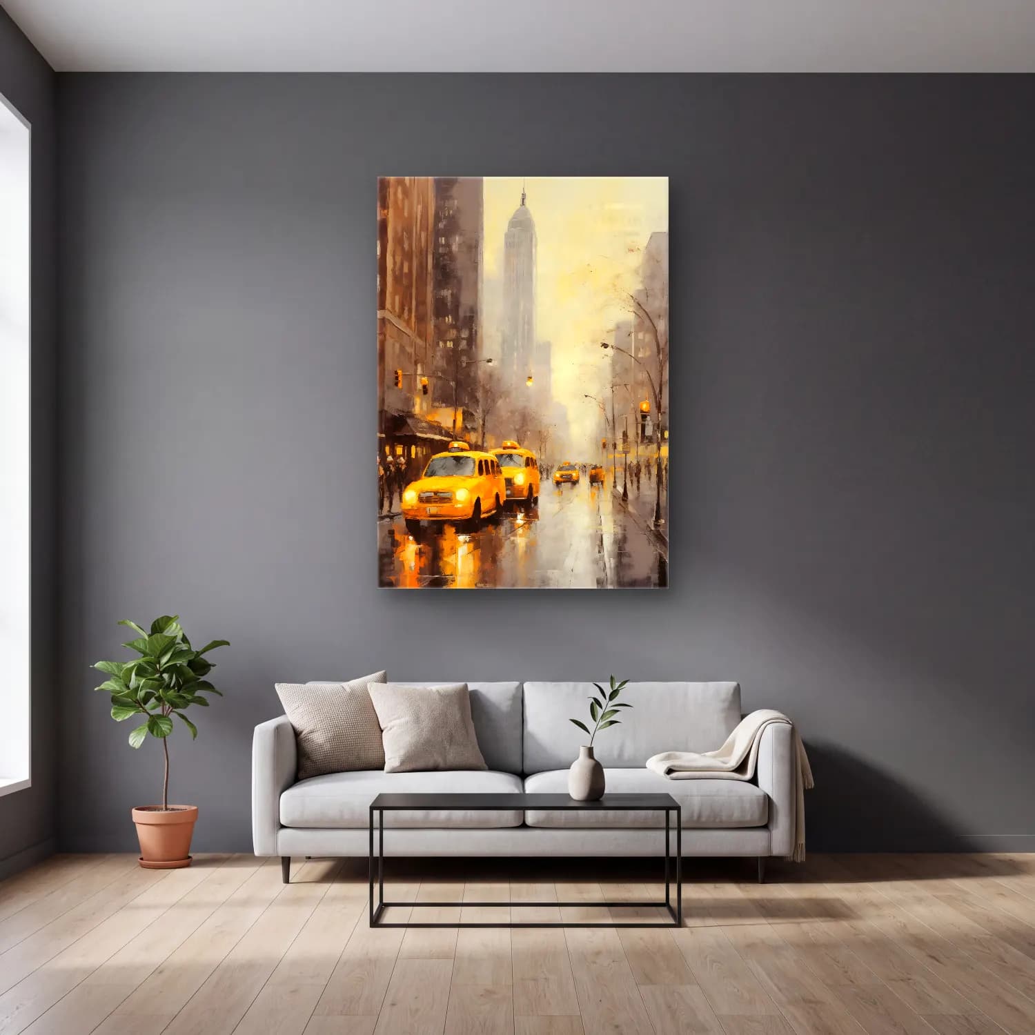 Yağlı Boya New York Silüeti – Sarı Tonlar cam tablo — gri duvarlı salonda