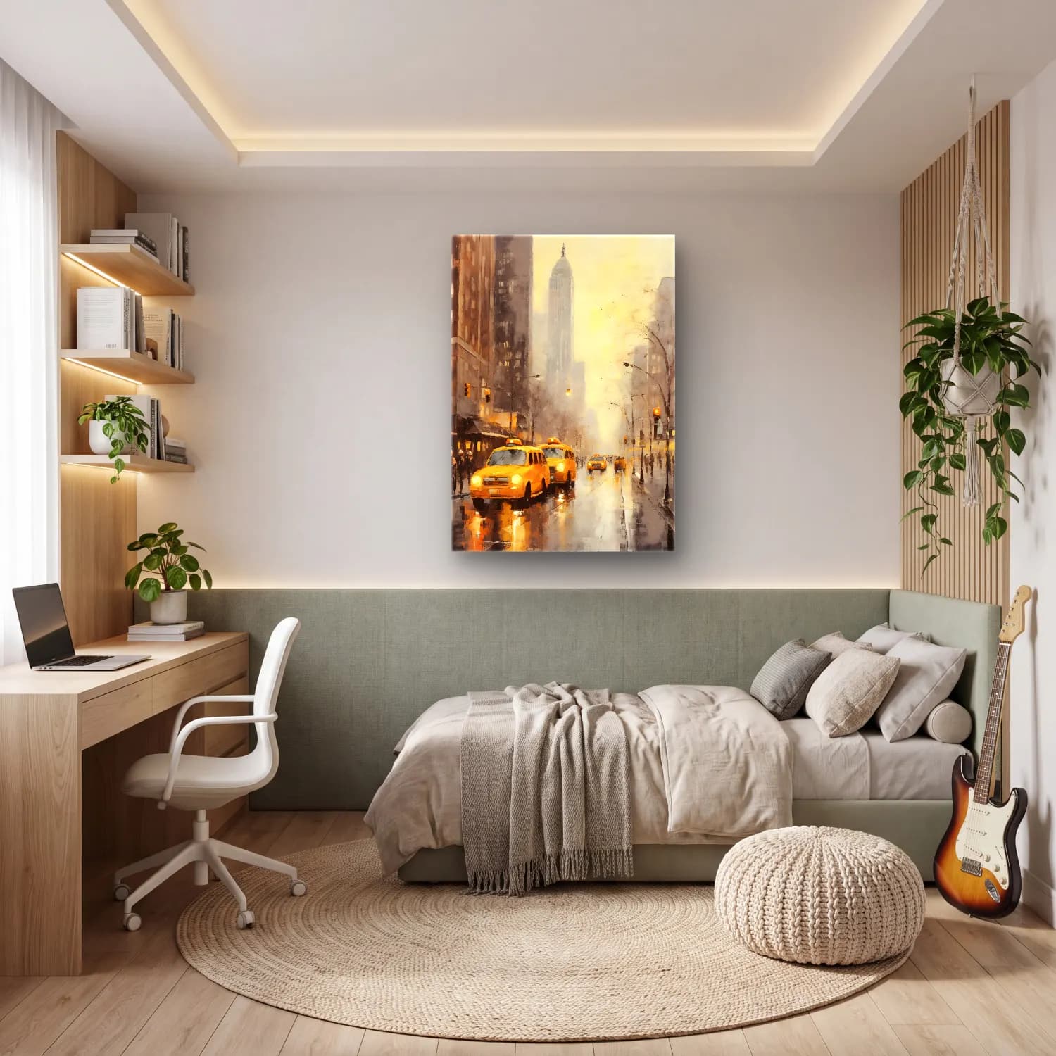 Yağlı Boya New York Silüeti – Sarı Tonlar cam tablo — genç odasında