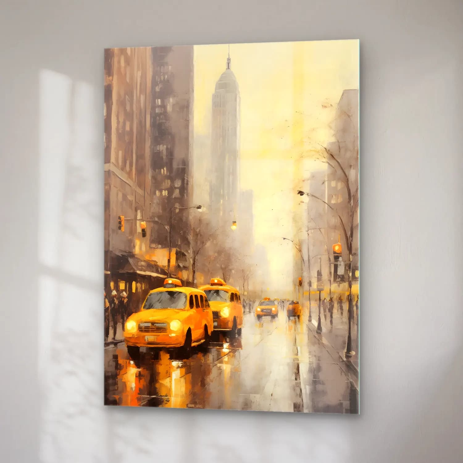 Yağlı Boya New York Silüeti – Sarı Tonlar cam tablo — sağ açıdan görünüm