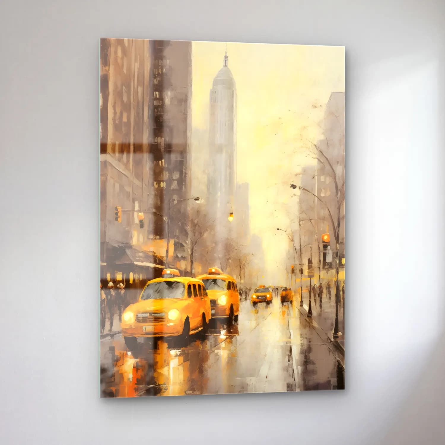Yağlı Boya New York Silüeti – Sarı Tonlar cam tablo — sol açıdan görünüm