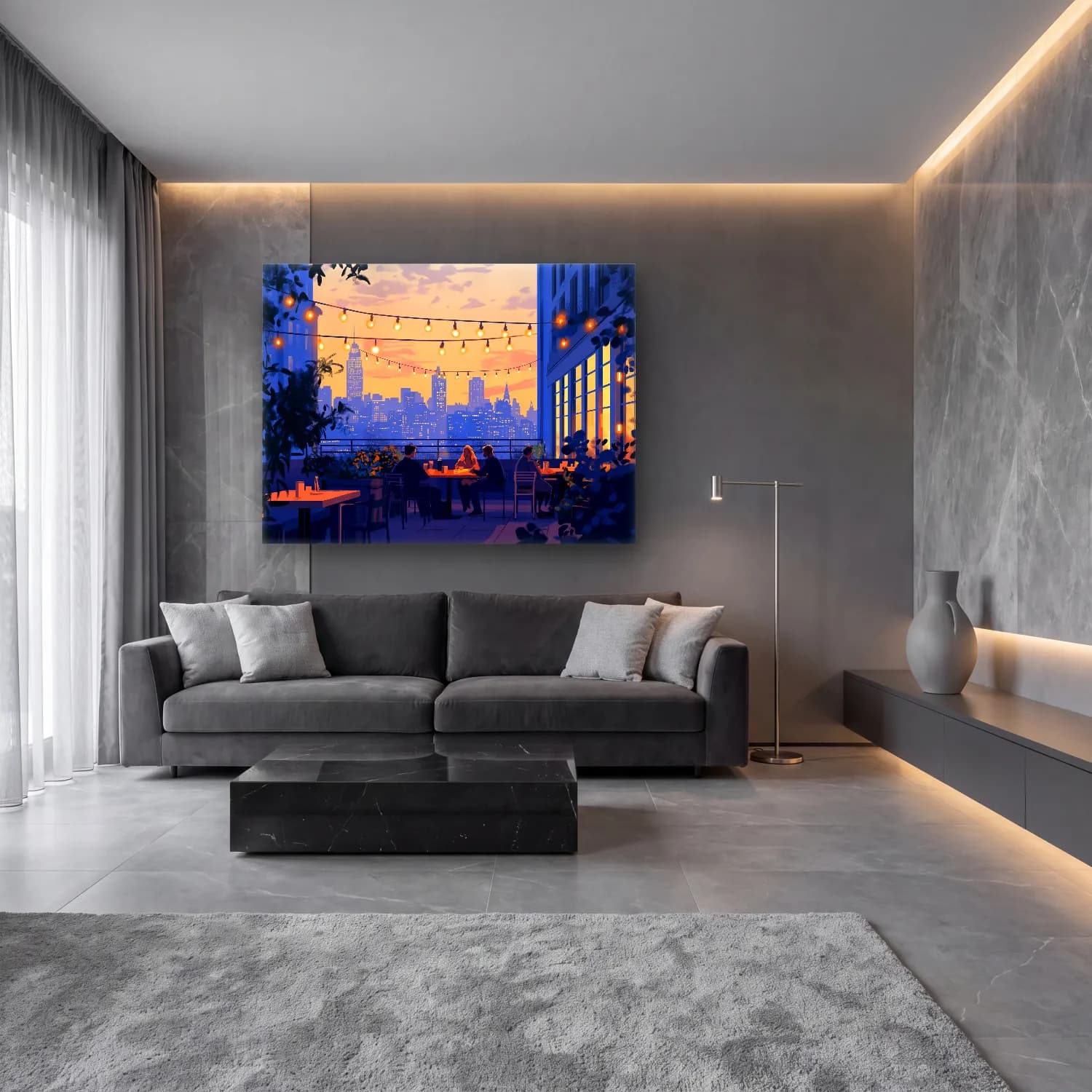 Sevimli İllüstrasyon Gece Şehir – Pastel Tonlar cam tablo — lüks salon duvarında