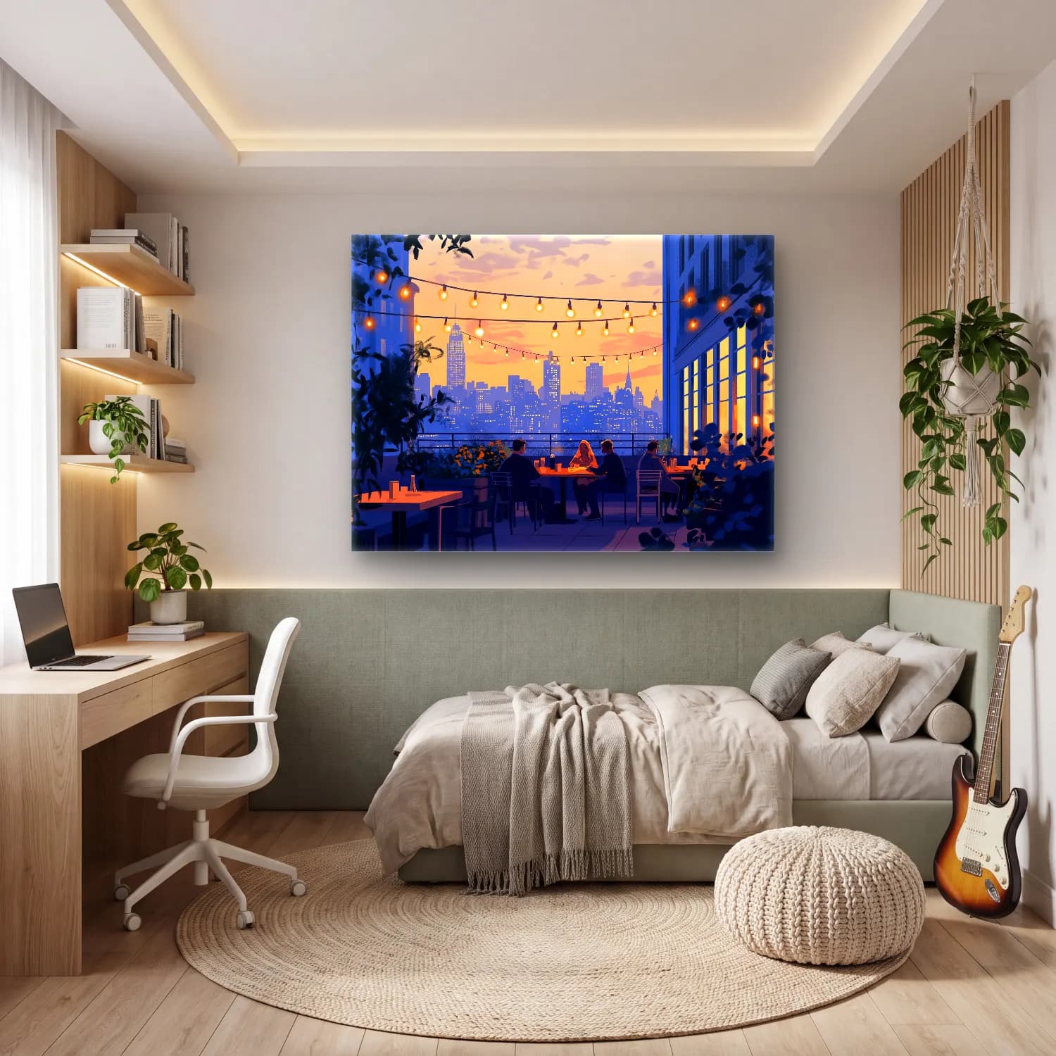 Sevimli İllüstrasyon Gece Şehir – Pastel Tonlar cam tablo — genç odasında