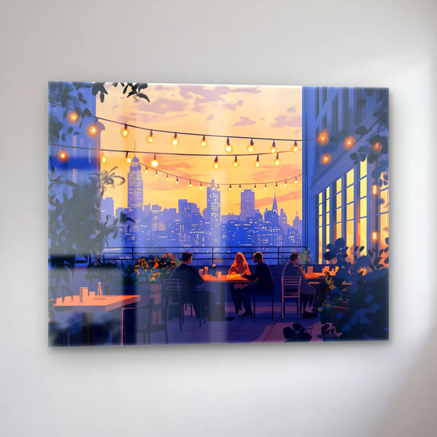 Sevimli İllüstrasyon Gece Şehir – Pastel Tonlar cam tablo — sol açıdan görünüm