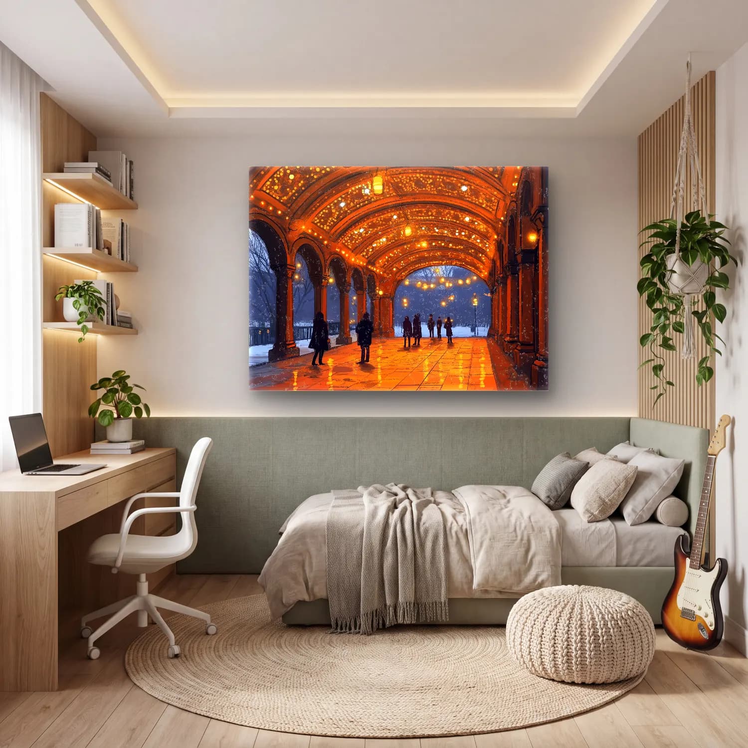 Yağlı Boya Kalabalık Cadde – Pastel Tonlar cam tablo — genç odasında