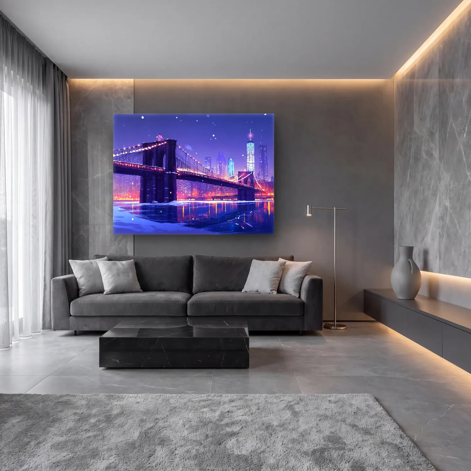 Sevimli İllüstrasyon New York Silüeti – Turkuaz Tonlar cam tablo — lüks salon duvarında