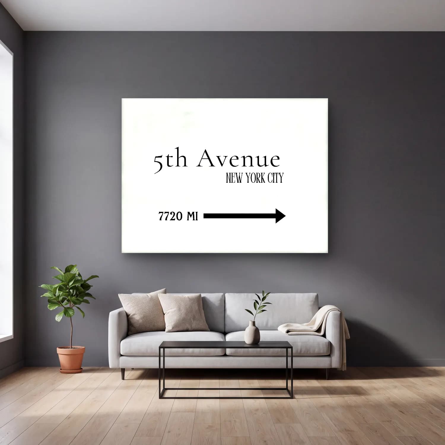 Çizgi Sanatı New York Silüeti No. 2 cam tablo — gri duvarlı salonda